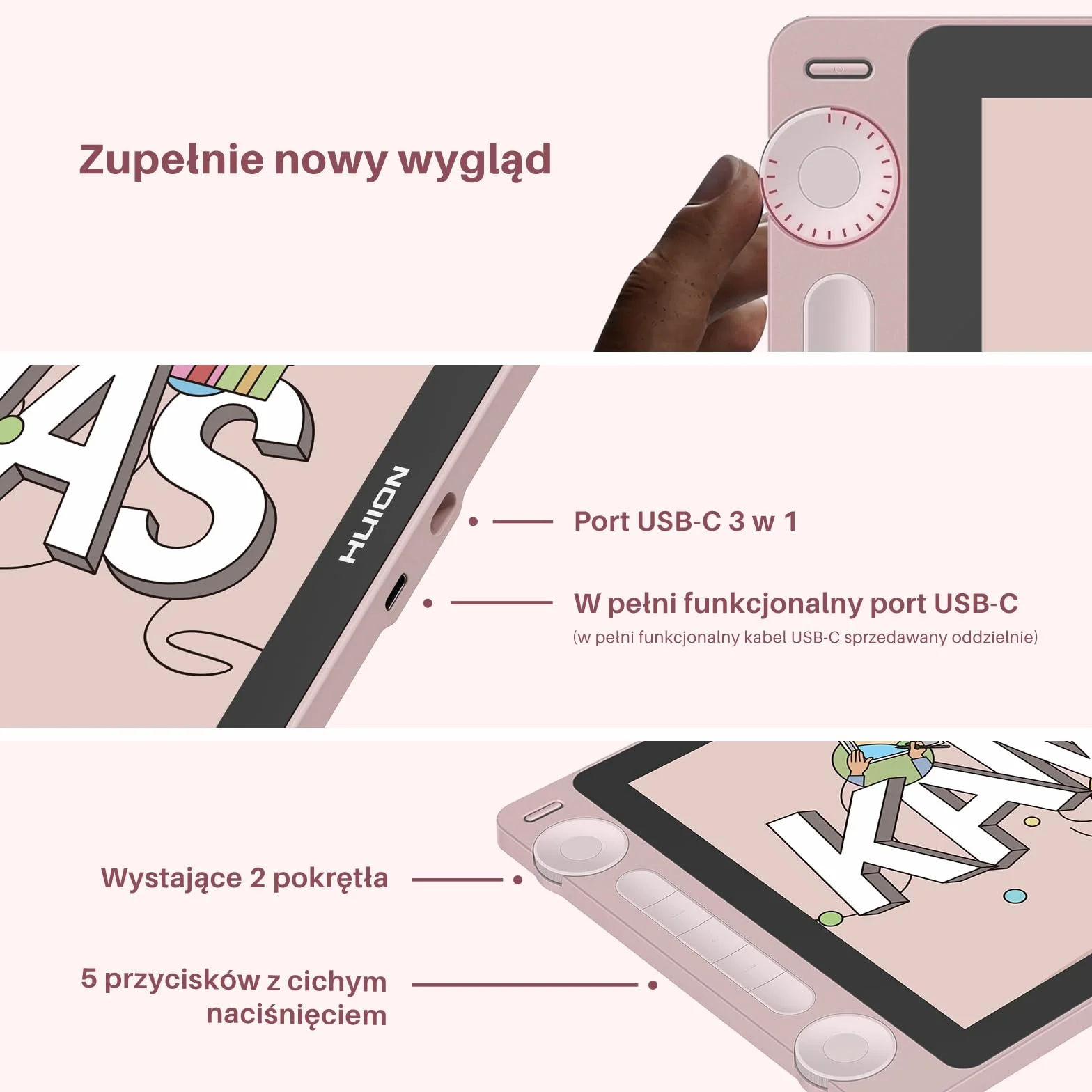 HUION Kamvas 13 Gen 3 Tablet graficzny 13,3 cala Różowy PenTech 4.0 nacisk pióra 16384