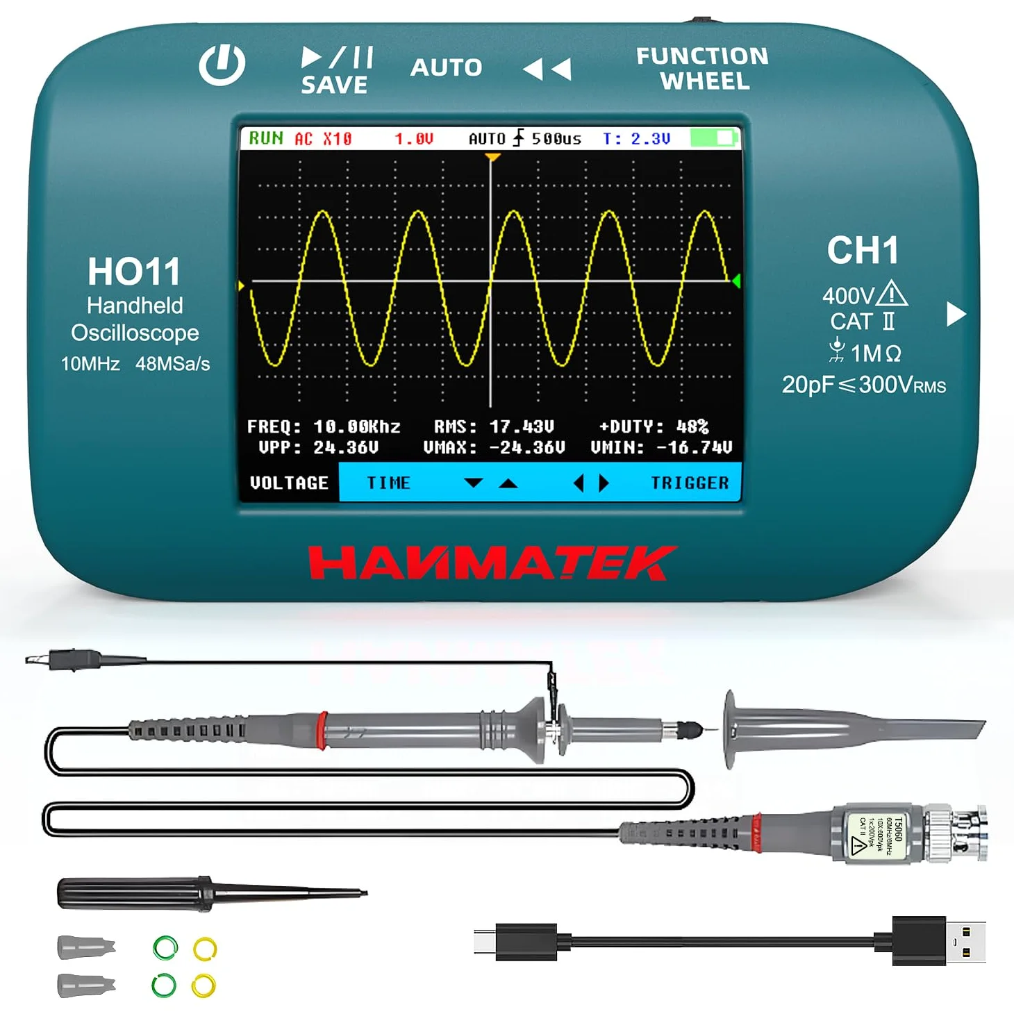 Oscyloskop cyfrowy MINI HANMATEK HO11 - przepustowość 10 MHz, wysoka dokładność próbkowania 48 MSa/s, ekran TFT 2,8 cala, ładowany przez USB, odpowiedni do pracy w terenie