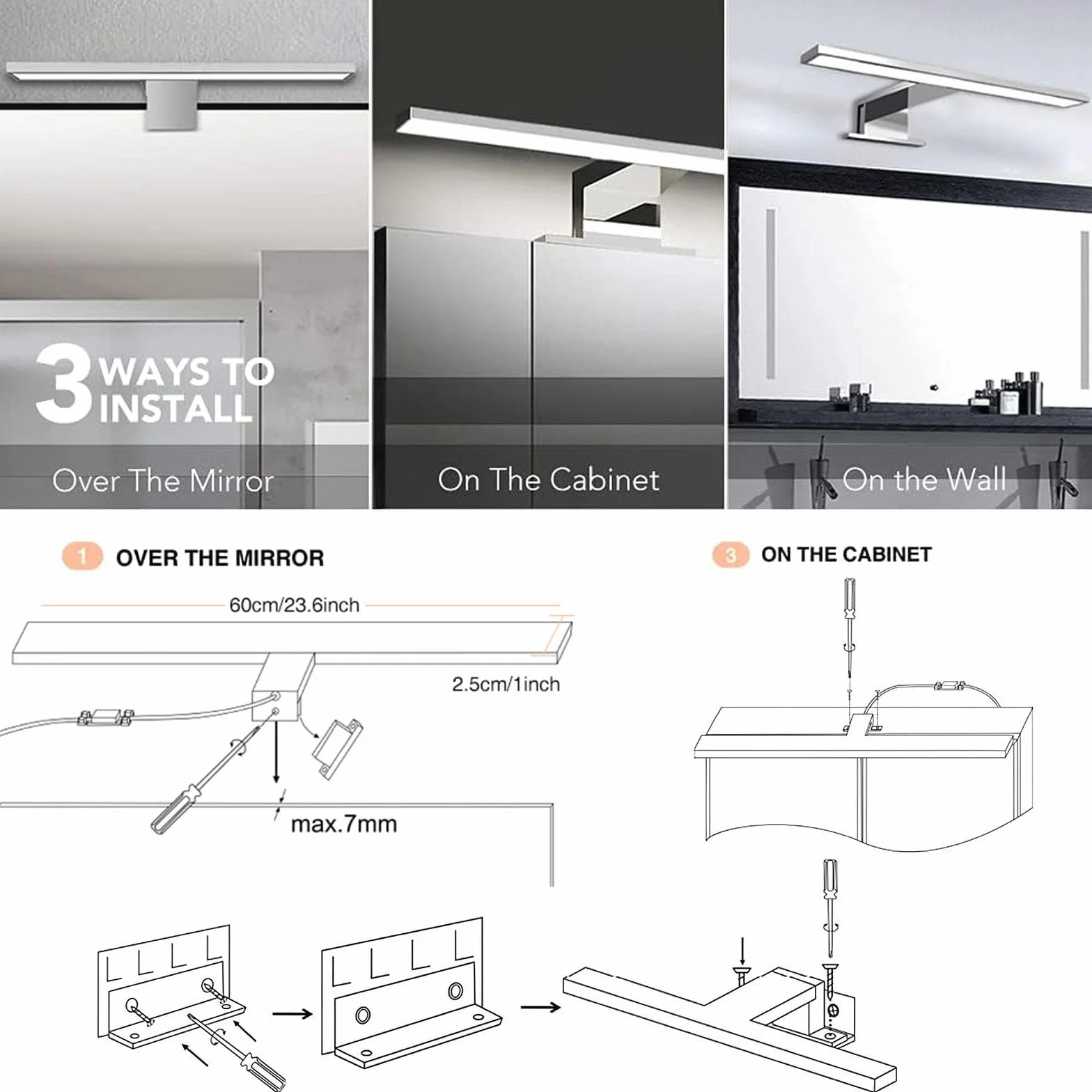 Hommie Lampa LED na lustro łazienka, 60CM wodoodporny włącznik 15W 1200Lm 4000K neutralna biała szafka łazienkowa