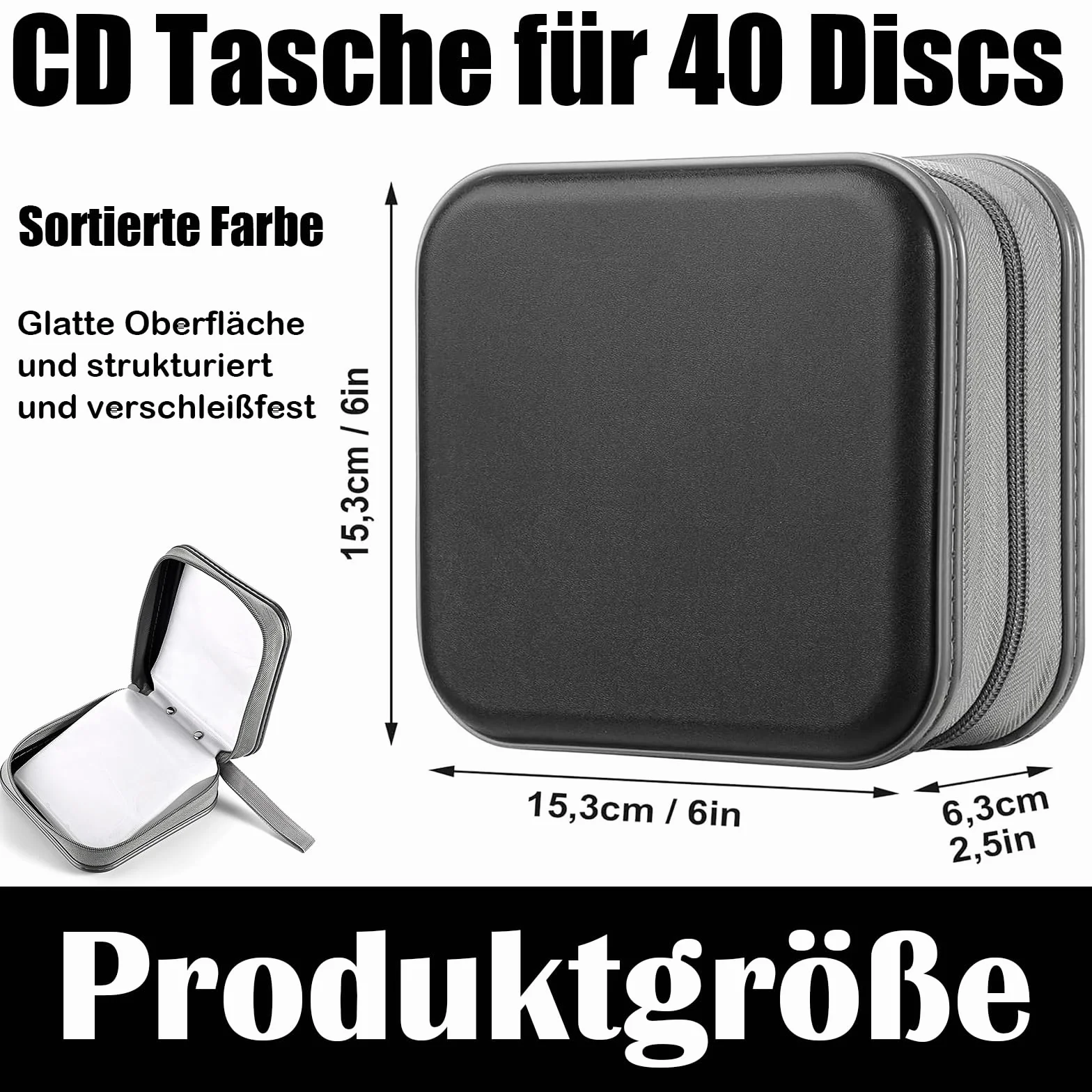 Torba na 40 płyt CD, etui na płyty CD/DVD, z zamkiem błyskawicznym, torebka Oxford, mapka do przechowywania, oszczędność miejsca do samochodu i domu (czarny-twardy plastik)