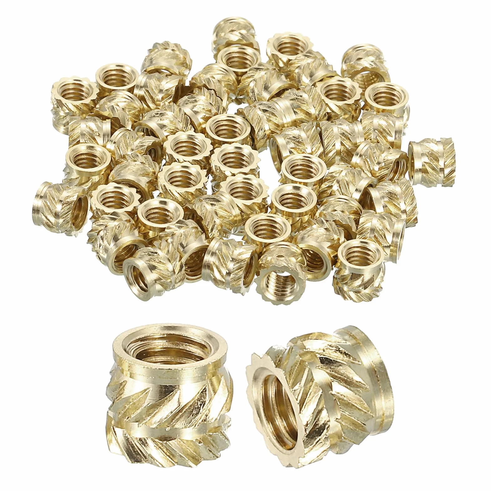 QUARKZMAN Karbowane nakrętki do wkładania, 50 sztuk M4 x 5 mm szer. x 6 mm OD, mosiężne nakrętki do drukowania 3D, wkładki gwintowane żeńskie, mosiężne nakrętki wkładane