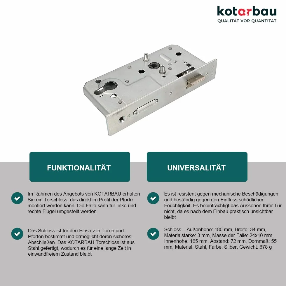 KOTARBAU® Zamek wpuszczany 72/55/40 mm ocynkowany do bram bramy uniwersalne do prawej i lewej strony
