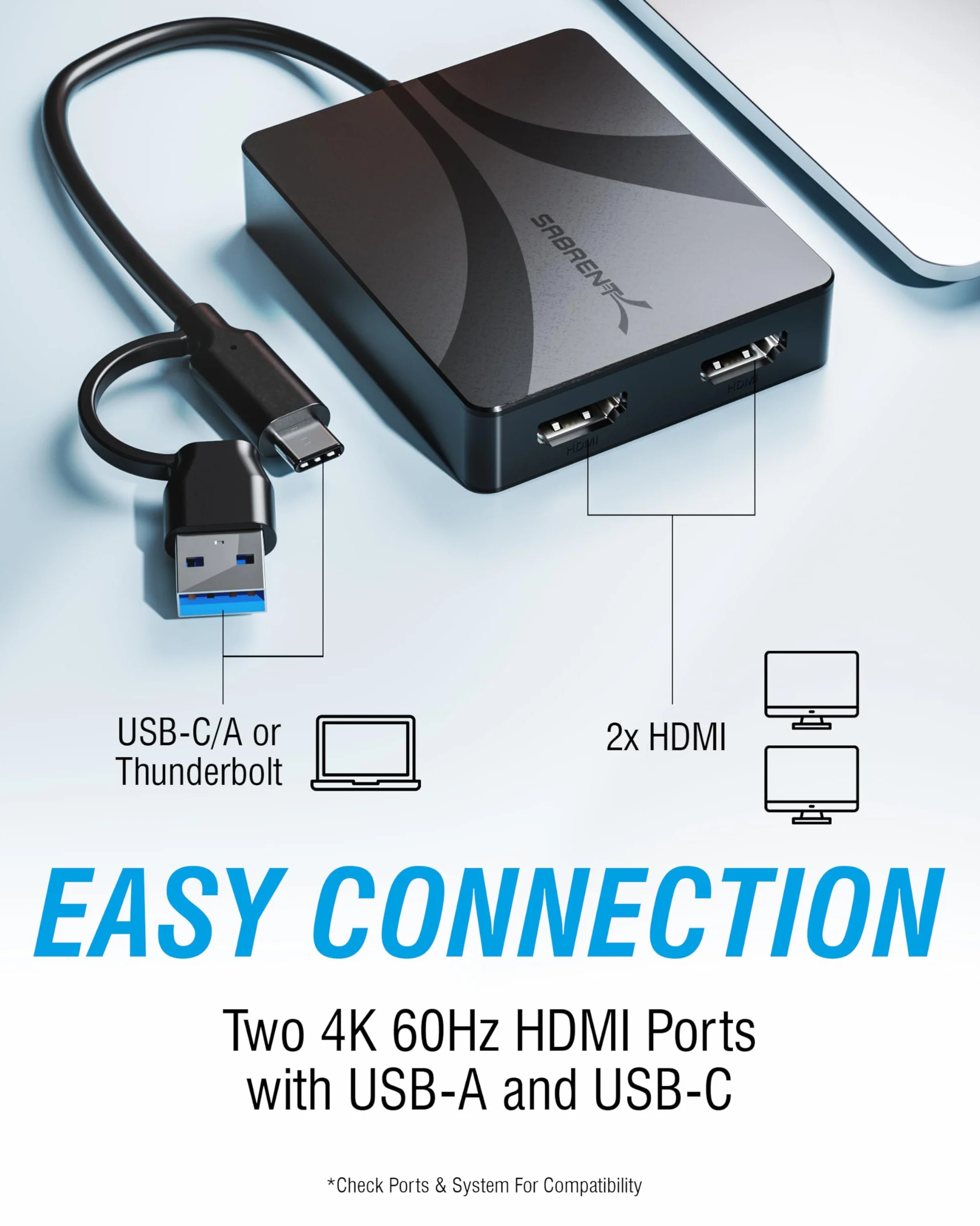 SABRENT Podwójny adapter HDMI z DisplayLink for Mac – adapter USB-C/A na podwójny monitor HDMI, rozszerzony wyświetlacz 4K przy 60 Hz, dźwięk stereo/5.1, obsługa HDCP, aluminiowa obudowa (DA-CA2H)