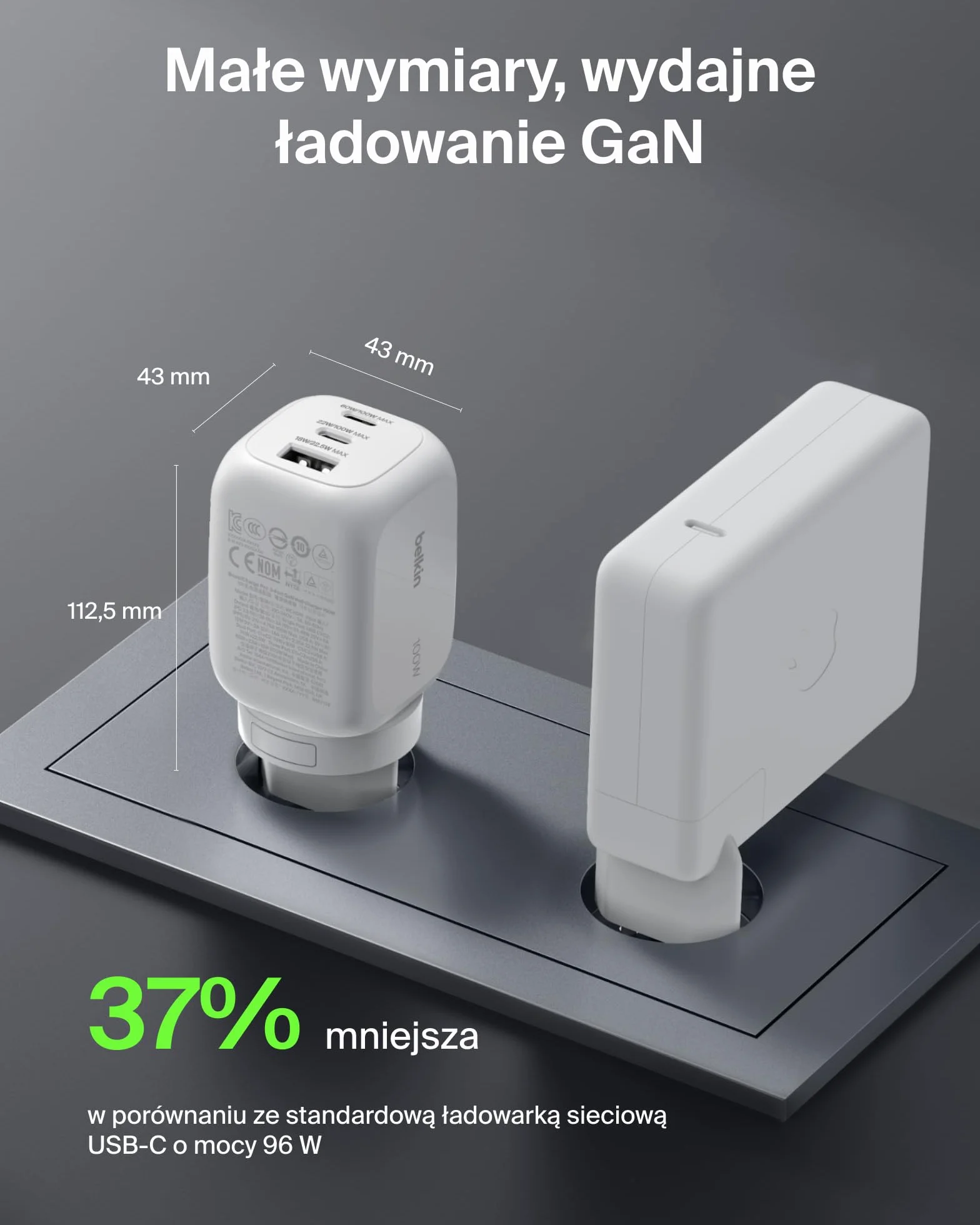 Belkin 3-Portowa ładowarka, ładowarka GaN z 2 portami USB-C i 1 portem A, Końcówki wtyczek UE/UK/US, do urządzeń MacBook, iPhone, iPad Pro, Samsung Galaxy, Google Pixel – Biała