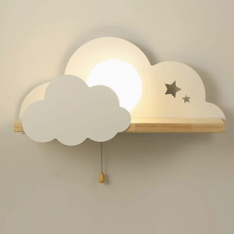 Lampa ścienna Cloud z przełącznikiem, Wewnętrzna lampa ścienna do pokoju dziecięcego Lampka nocna E27 ze szklanym kloszem Kreatywna karykaturalna chmura z drewnianą półką lampa dekoracyjna