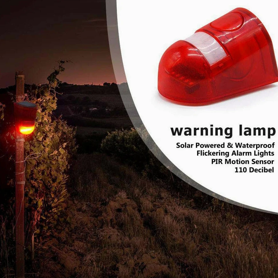 Solarny alarm bezpieczeństwa IP65, wodoodporny czujnik ruchu LED, migająca lampa, 110 dB, głośna syrena, system alarmowy do domu, gospodarstwa, sklepu, ogrodu, willi (2 szt.)