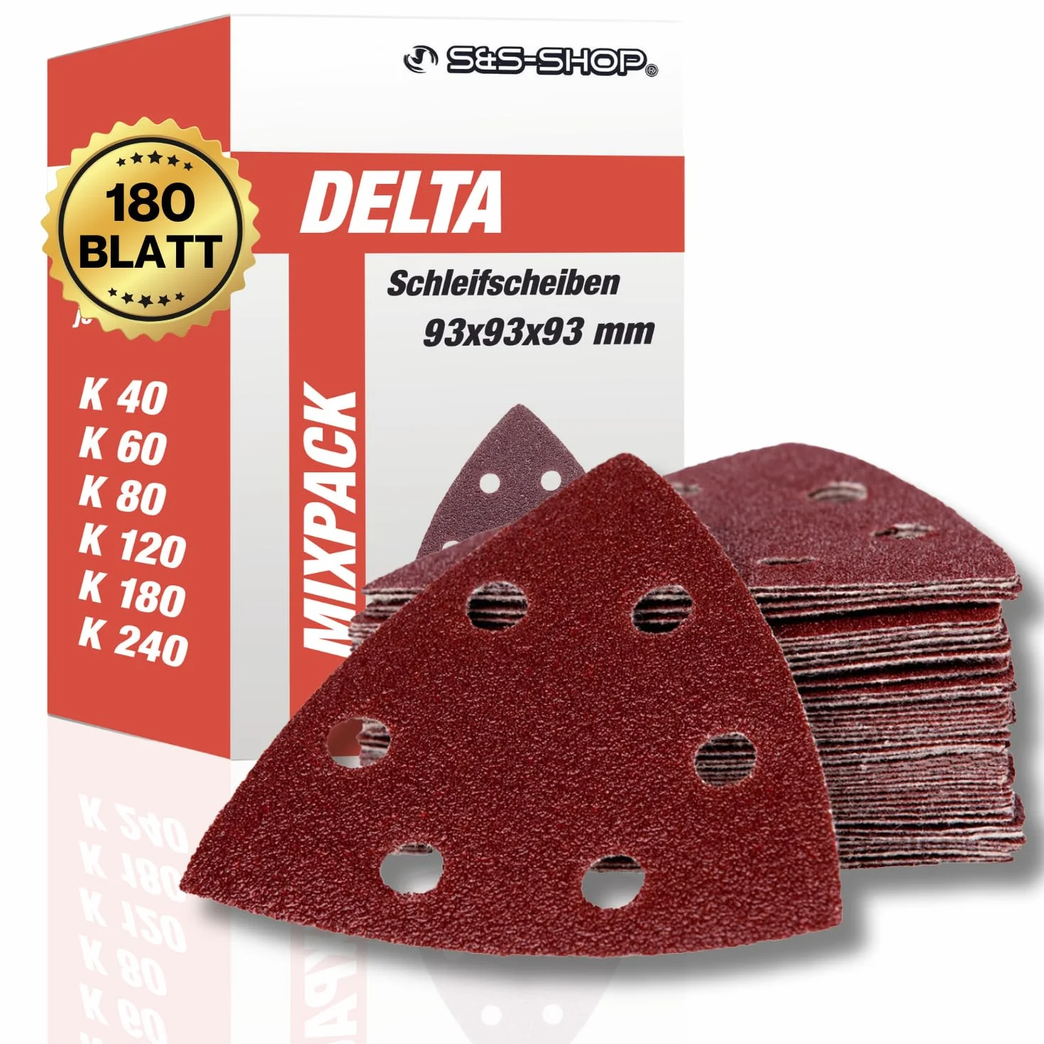 Delta - trójkąty szlifierskie z rzepem, 180 arkuszy, 93 x 93 x 93 mm, 6 otworów, po 30 x ziarnistość 40, 60, 80, 120, 180, 240, do szlifierek delta i szlifierek wielofunkcyjnych, papier ścierny,
