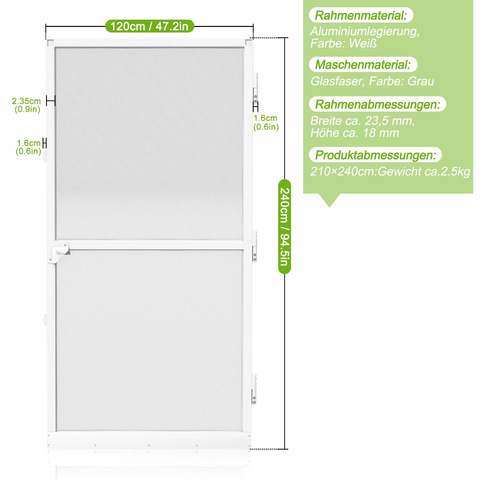 Aufun 120 x 240 cm Moskitiera do drzwi aluminiowych Flyscreen, ochrona przed owadami, z ramą aluminiową w kolorze białym