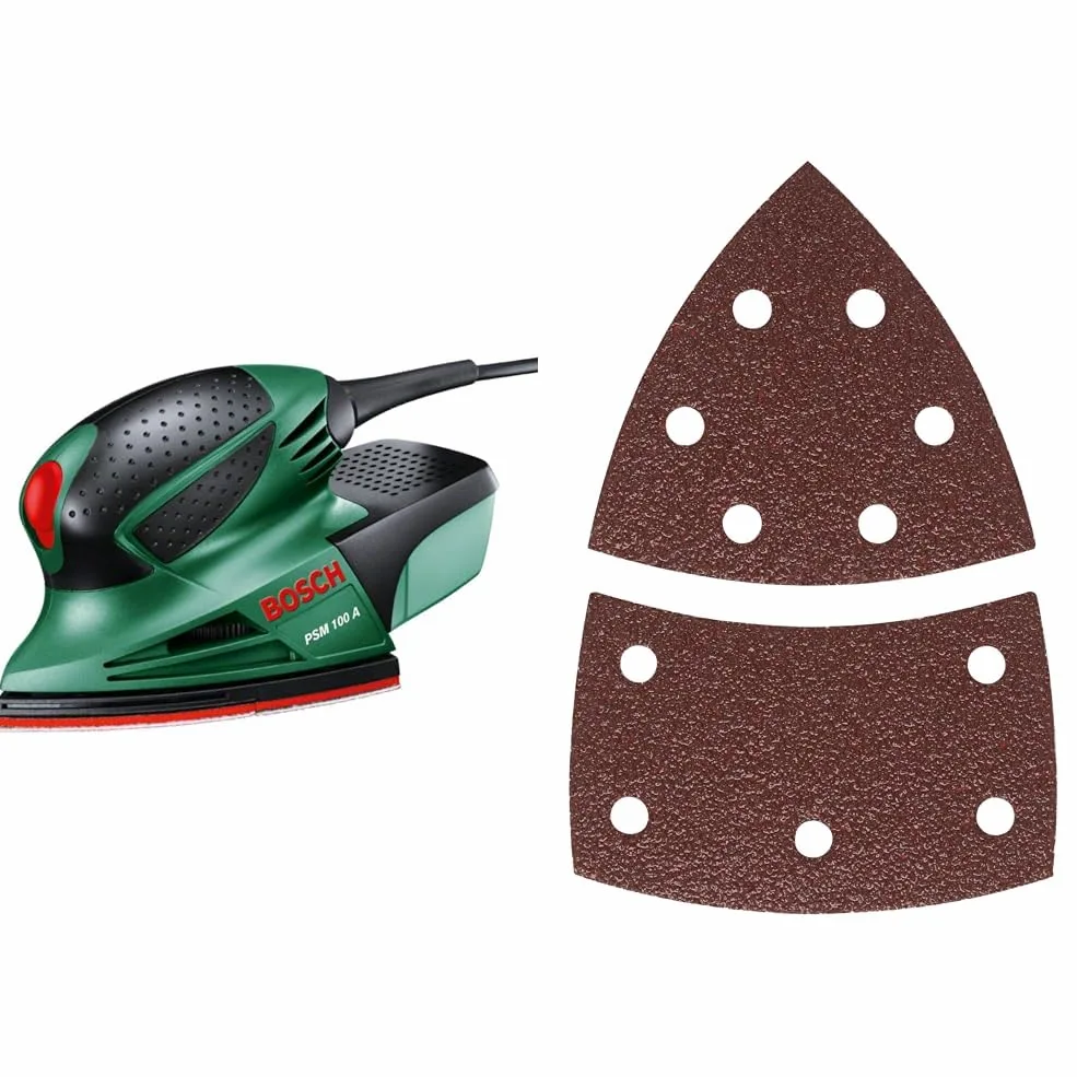 Bosch PSM 100 A szlifierka wielofunkcyjna & Bosch tarcza szlifierska (10 sztuk, do farby, lakieru, drewna twardego/miękkiego, płyt wiórowych, metalu, rdzy, akcesoria do szlifierek wielofunkcyjnych)