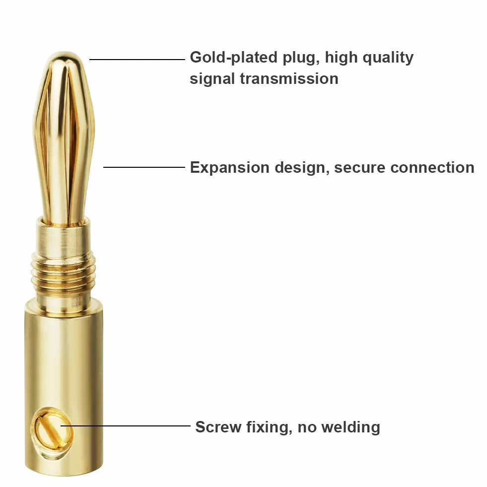 Wtyczki bananowe 4 sztuki, złącza do kabli głośnikowych 4,5 mm², HiFi (2 czerwone, 2 czarne)