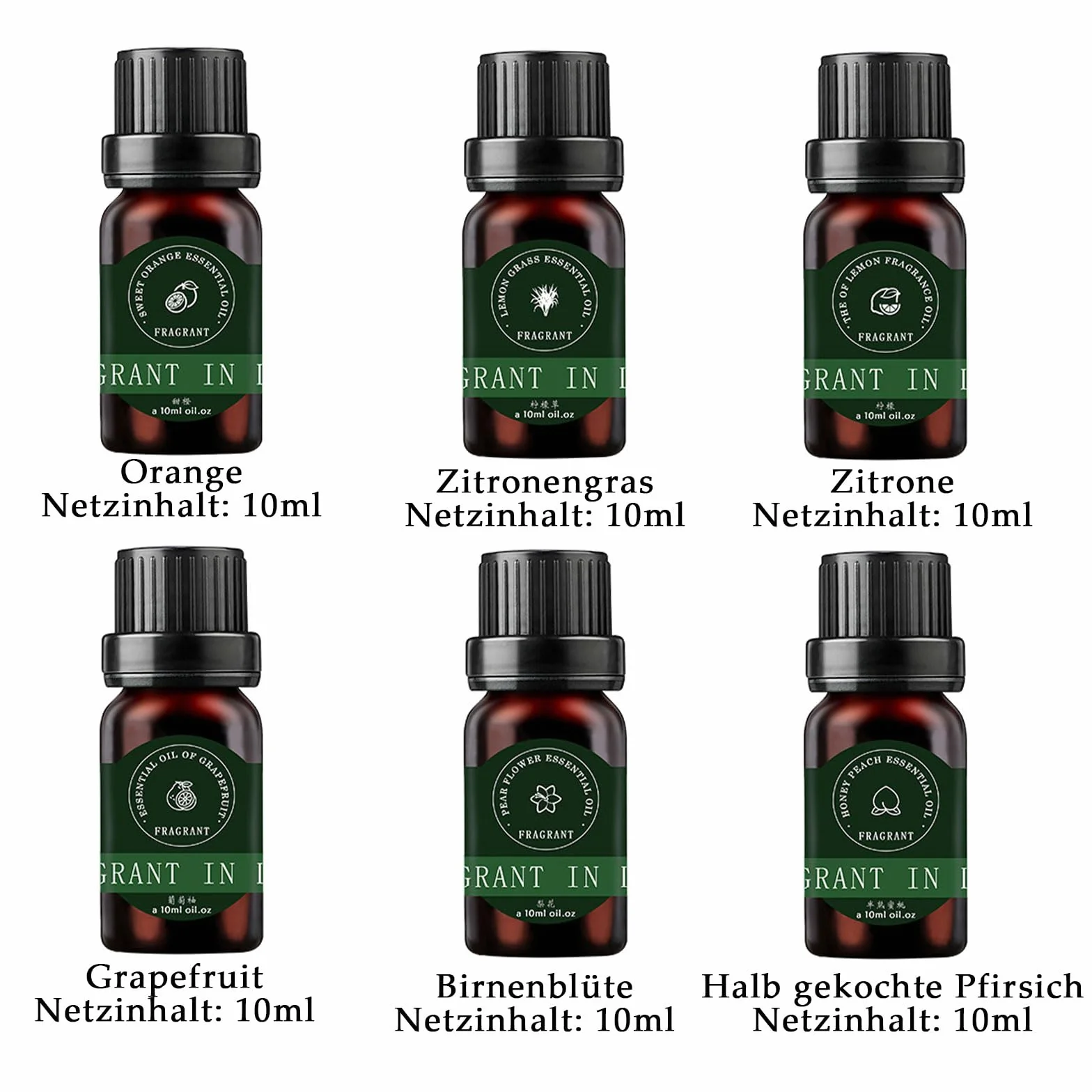 Bolosa Zestaw 6 olejków eterycznych, słodka pomarańcza, trawa cytrynowa, grejpfrut, kwiat gruszki, półdojrzała brzoskwinia 10 ml
