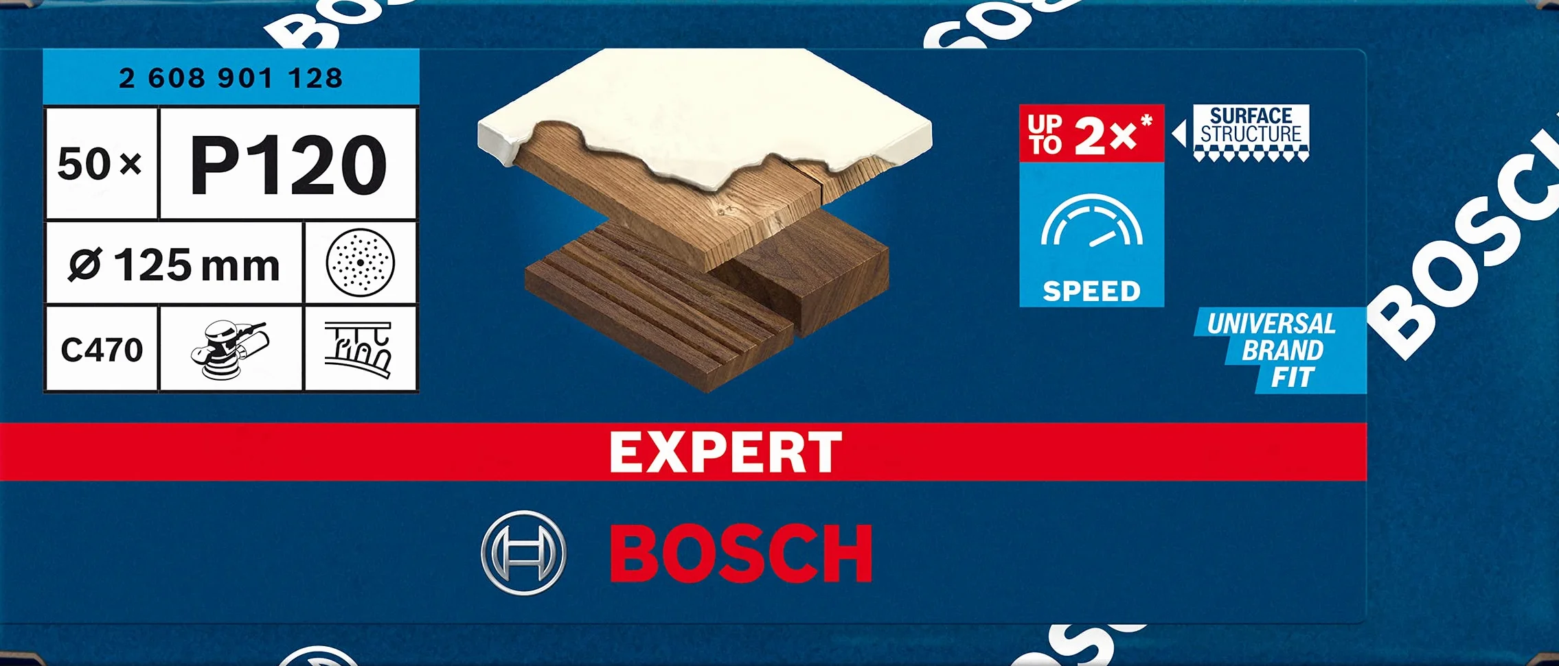 Bosch Professional 50x Papiery ścierne EXPERT C470 z wieloma otworami (do Farba na drewnie, Twarde drewno, Ø 125 mm, Ziarnistość 120, Akcesoria Szlifierka mimośrodowa)