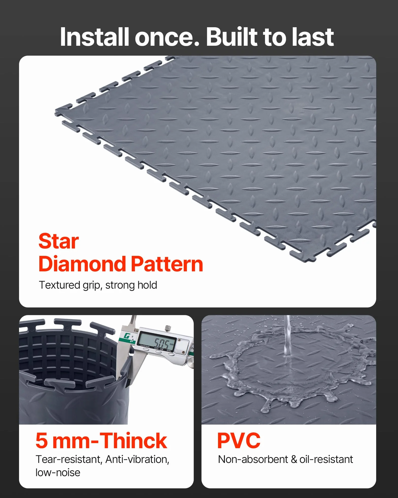 VEVOR Płytki garażowe, zestaw 8 sztuk, modułowe wykładziny garażowe 513 x 513 x 5 mm, maty antypoślizgowe z PCW, do garażu, warsztatu, magazynu, pomieszczeń narzędziowych, grafitowo-szary