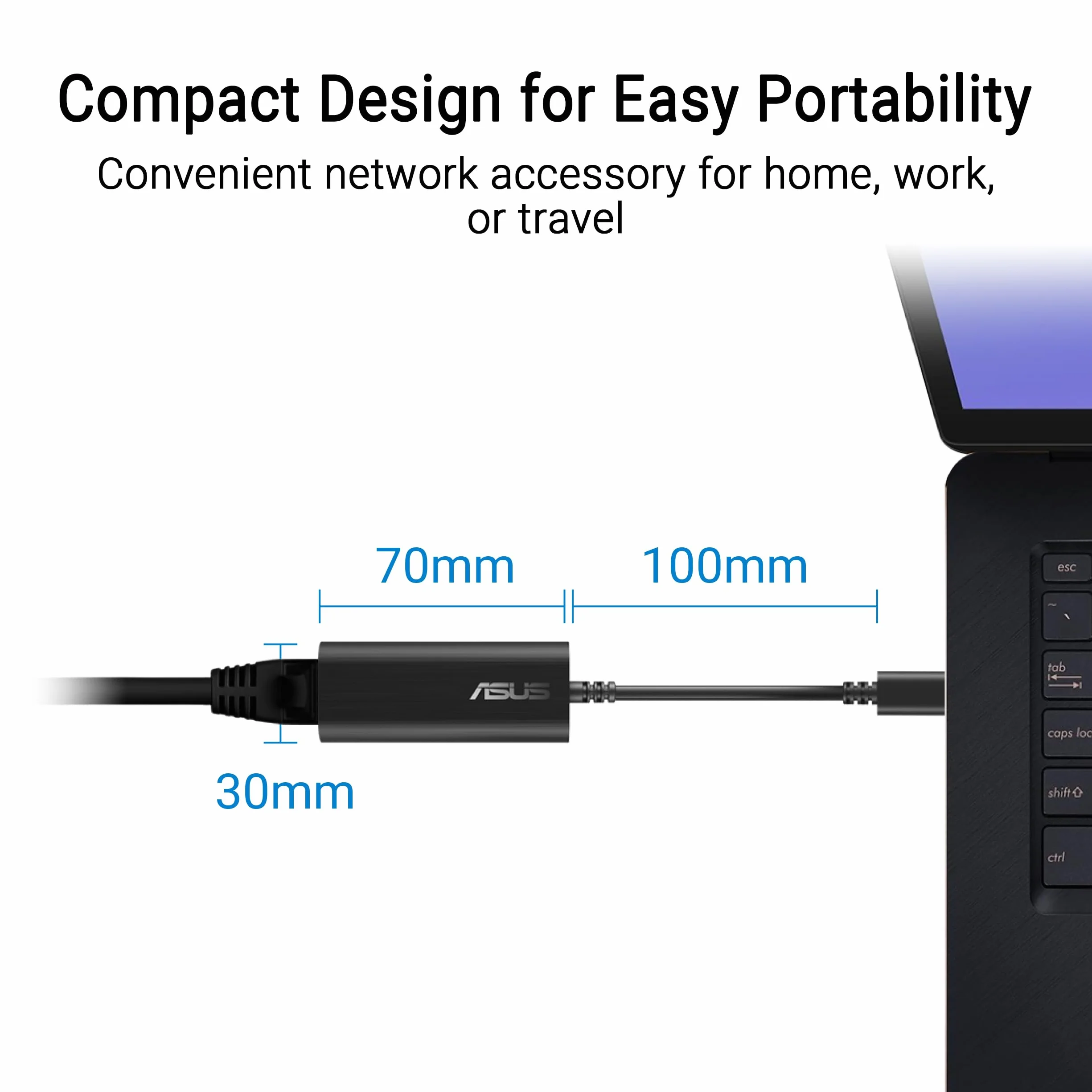 ASUS USB-C2500 V2, adapter Ethernet 2,5 G, kompatybilny z 2,5 G/1 G/100 Mbps, łatwa instalacja, szeroka kompatybilność dzięki portowi USB, kompaktowy i odpowiedni do podróży, czarny