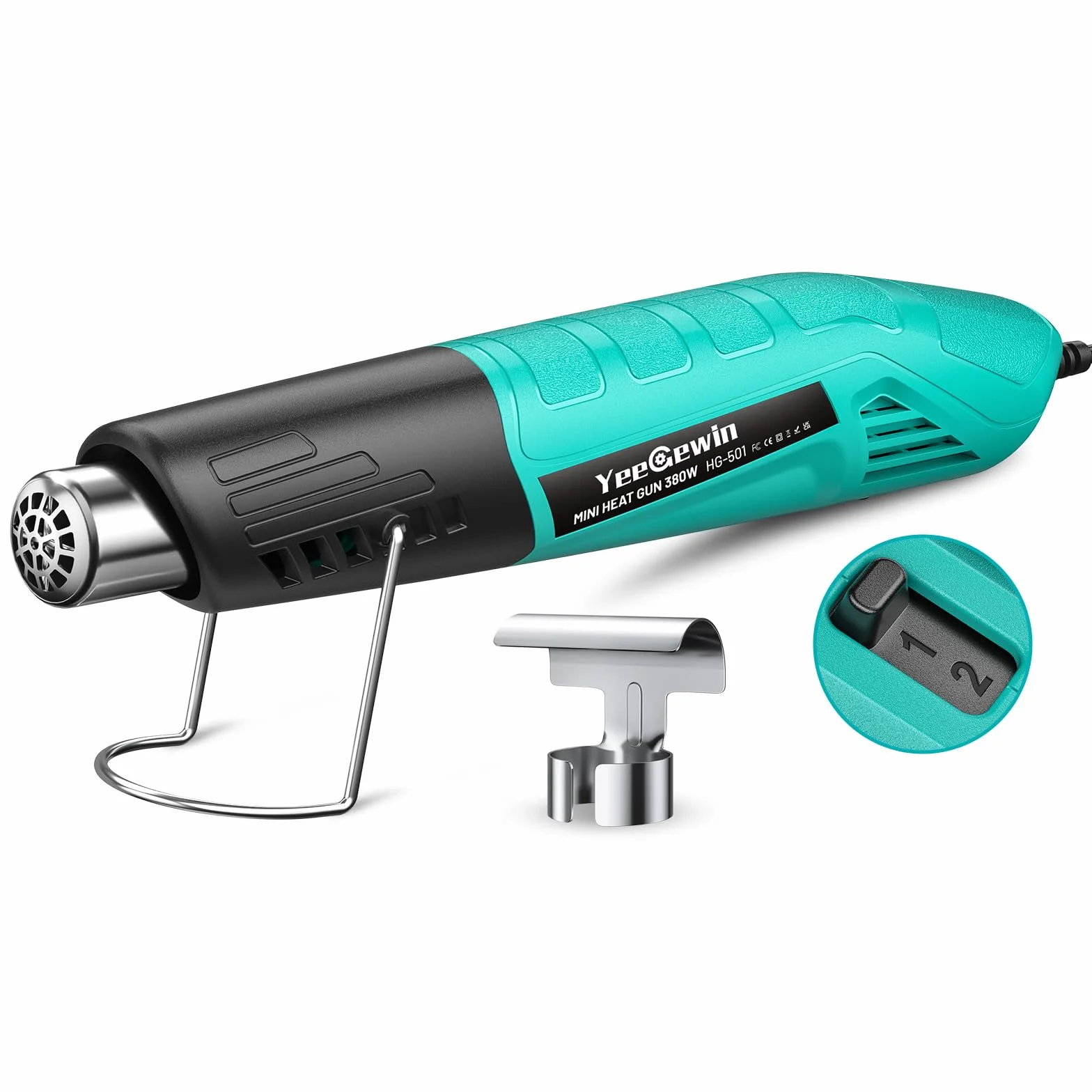 Opalarka, mini pistolet na gorące powietrze o podwójnej temperaturze 380 W z dyszą odblaskową i kablem o długości 1,5 m do wytłaczania rzemieślniczego, termokurczliwego owijania i odklejania