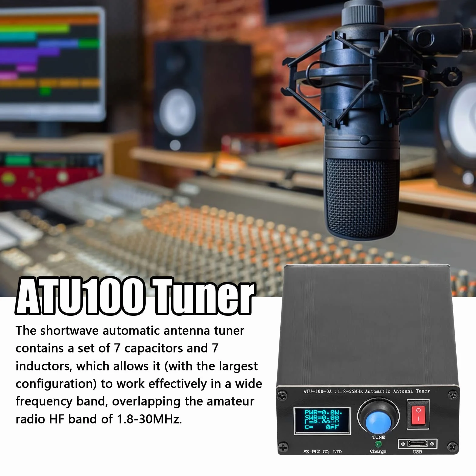 Sunydog Baugger ATU-100-0A mini automatyczny tuner antenowy 1,8-55 MHz 0,91 cala, wyświetlacz OLED, stop aluminium, obudowa zewnętrzna z akumulatorem 1800 mAh, wielokolorowa