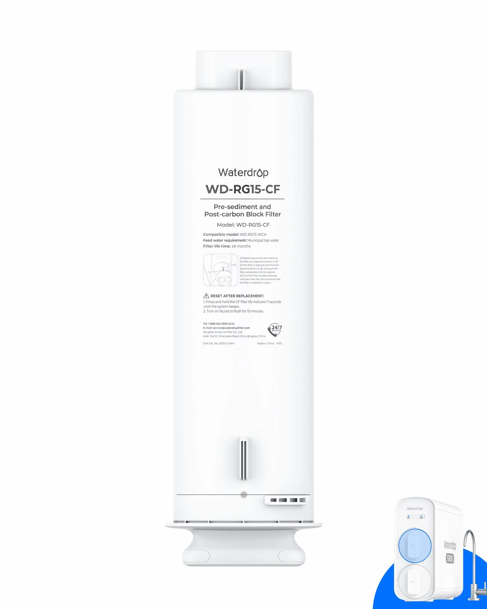 Waterdrop Filtr WD-G5P500-CF, zamiennik dla systemu odwróconej osmozy pod zlewem WD-G5P500, żywotność 6 miesięcy