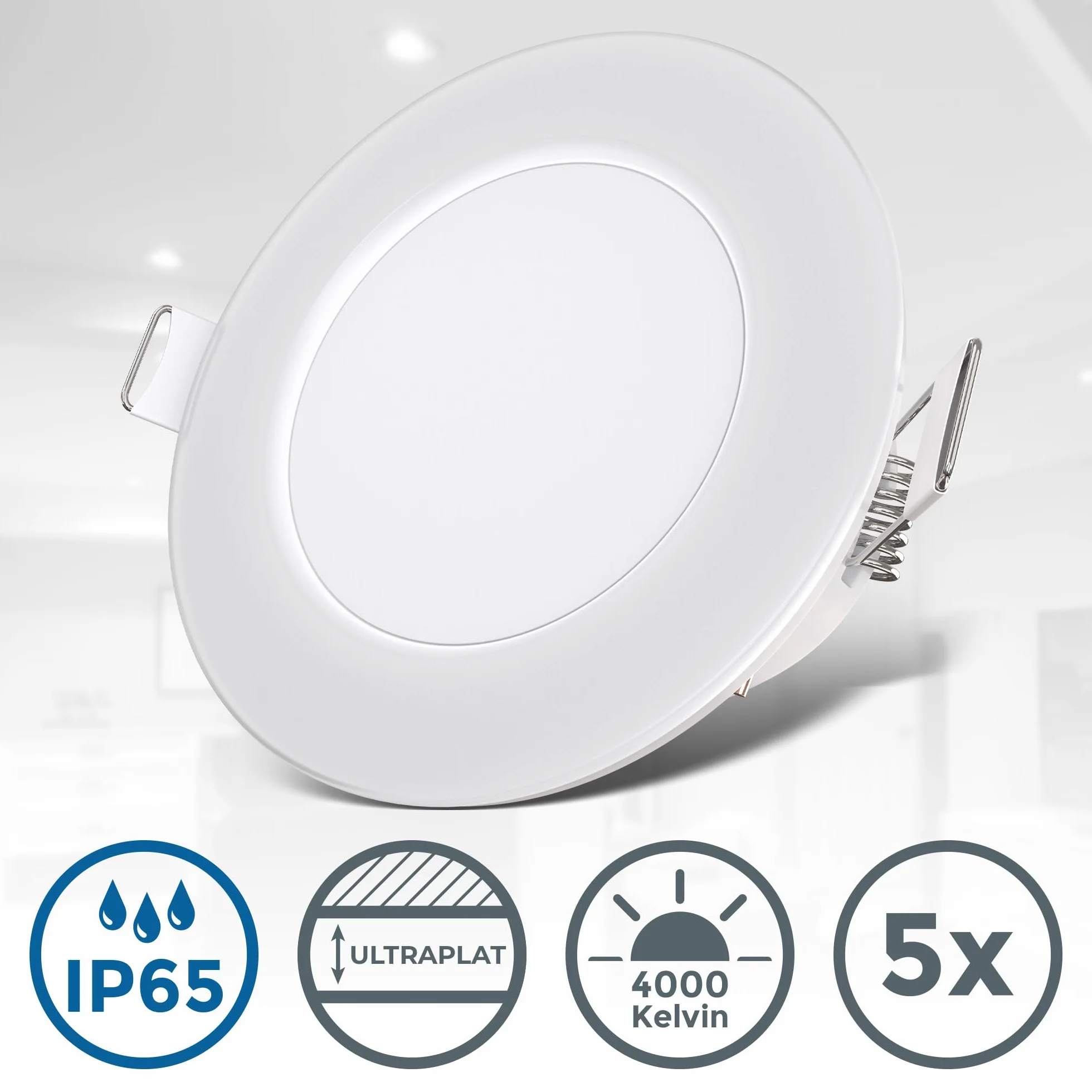 B.K.Licht I zestaw 5 łazienkowych opraw wpuszczanych LED biały I IP65 wodoodporny I ultra płaski 30 mm I Ø68 mm nawiercony otwór I Ø86 mm I biały I 5 tablic LED 3W I 5x 350 lumenów I barwa światła biała neutralna I Reflektory łazienkowe wpuszczane