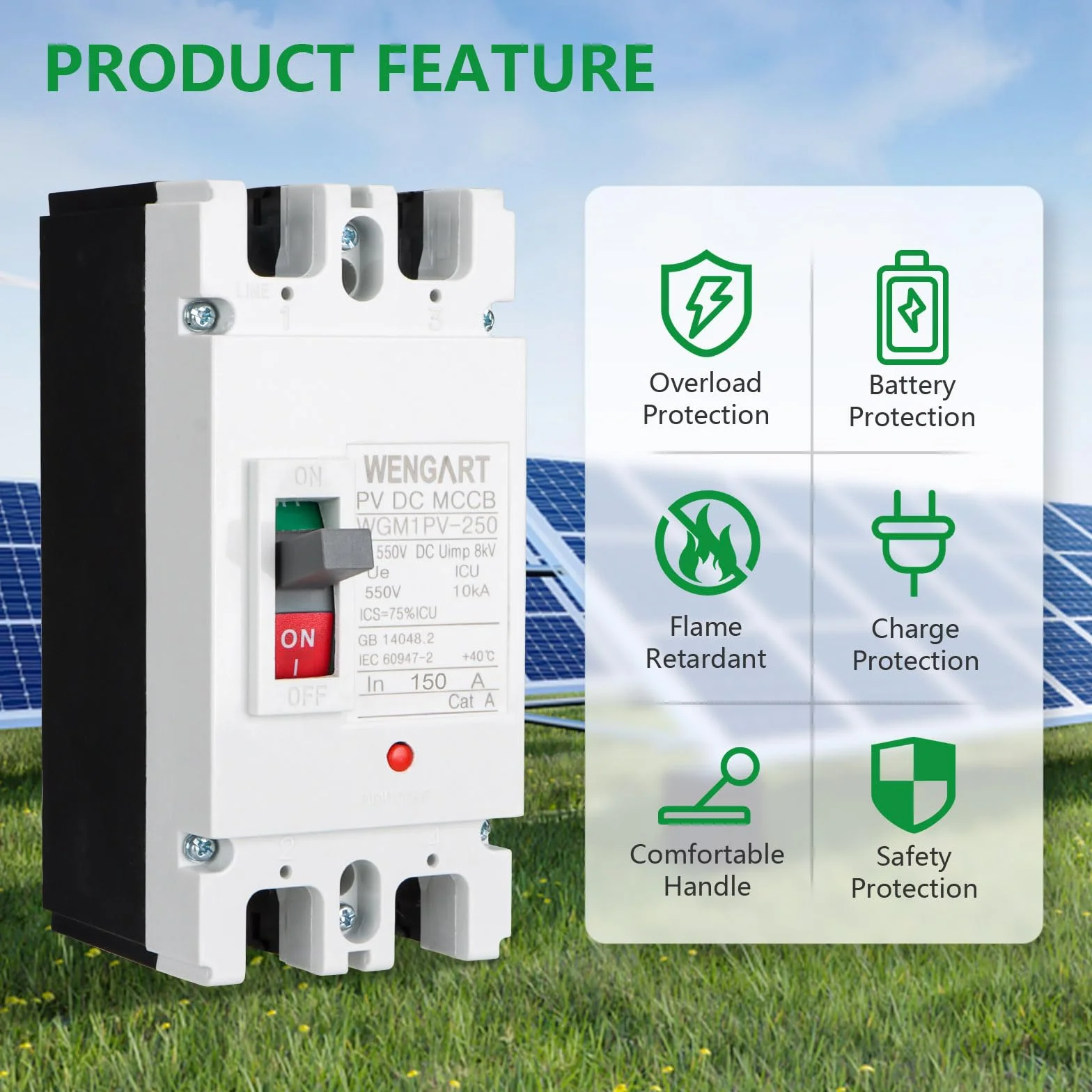 Wengart MCCB WGM1PV-250, DC550V 2P 150A solarny wyłącznik DC, poprawa bezpieczeństwa systemów fotowoltaicznych