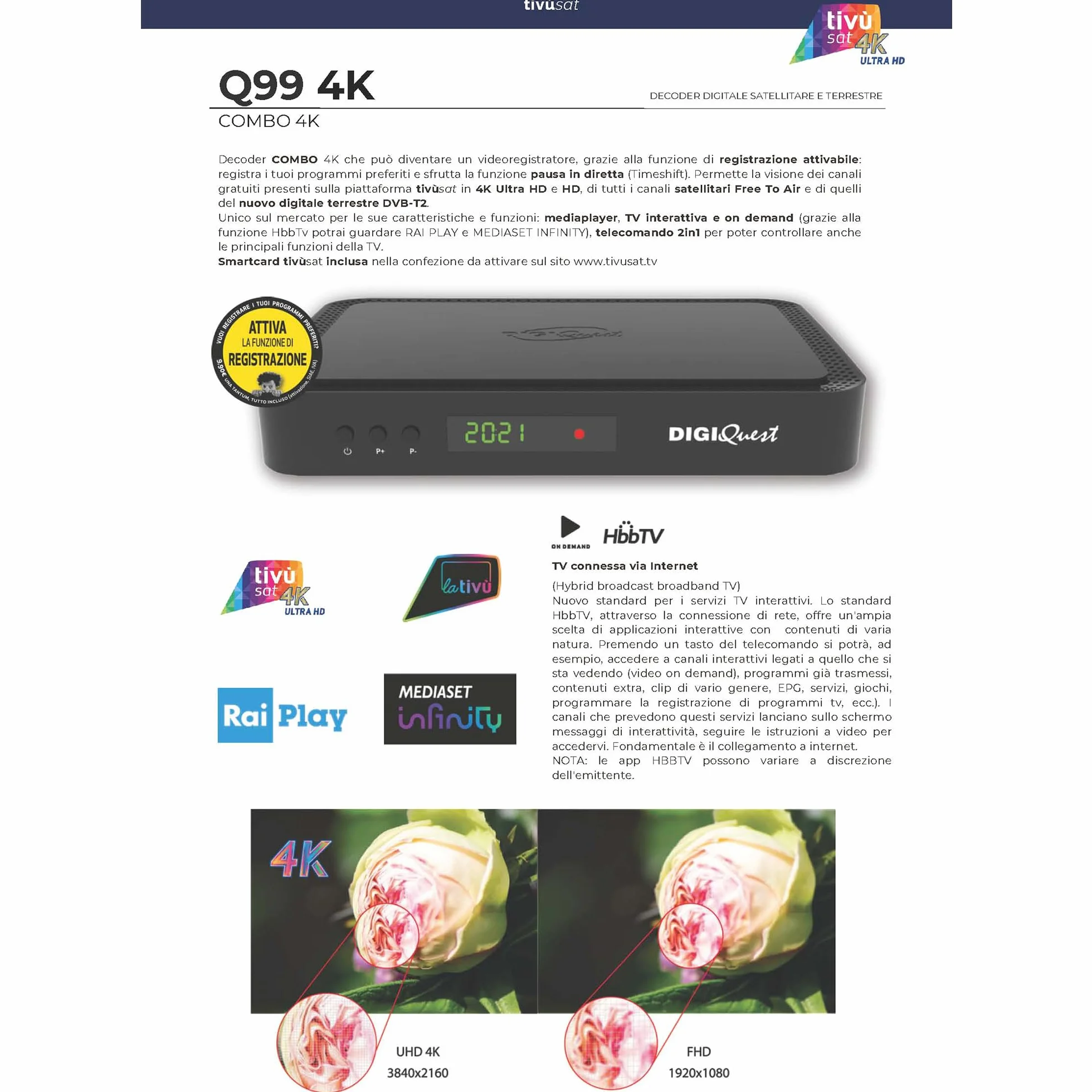 DigiQuest Q99 odbiornik satelitarny 4K TiVuSat czarny WiFi Stick HEVC HDR PVR Ready LAN USB