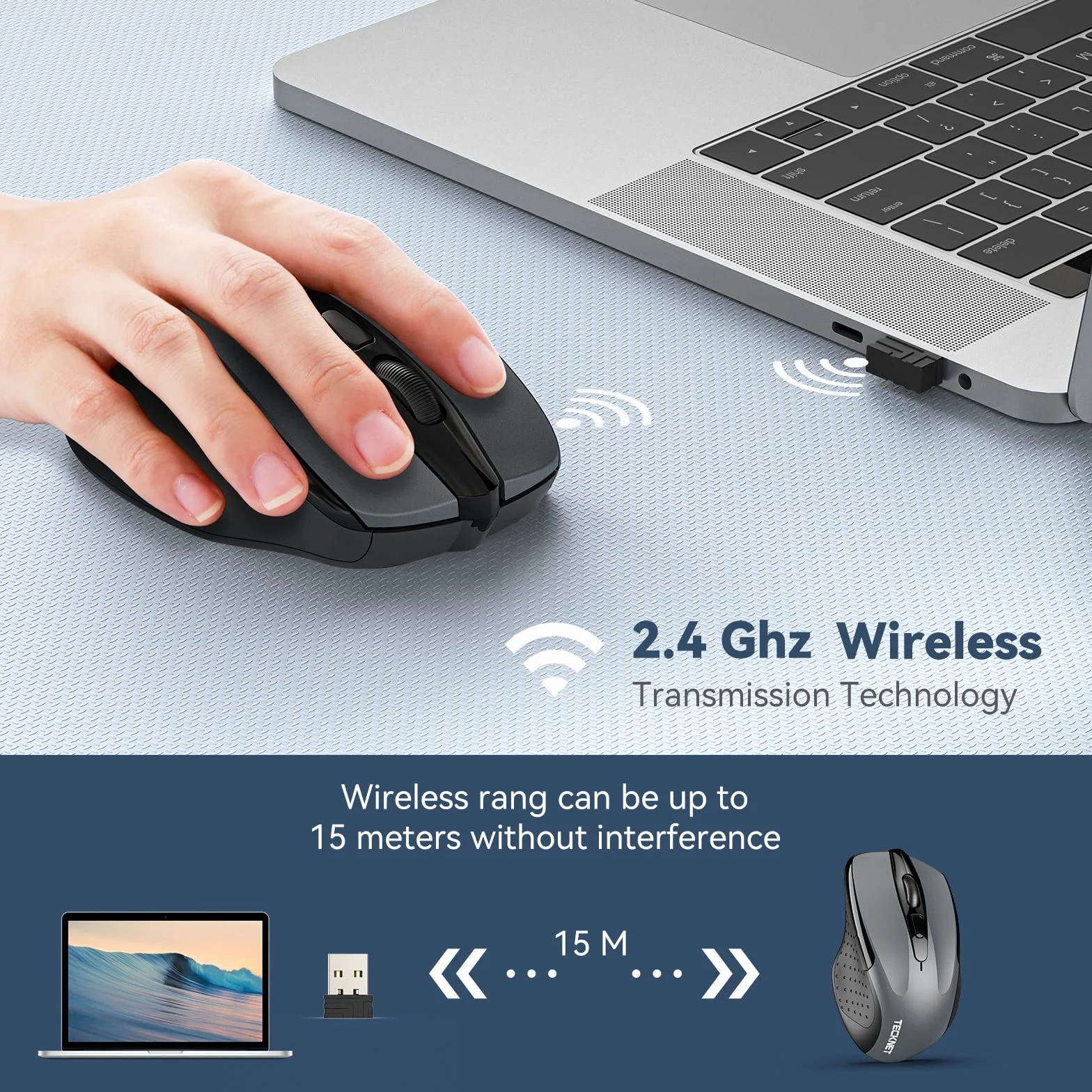 TECKNET Mysz Bezprzewodowa z 6 Przyciskami 2.4G, Ergonomiczna Mysz Optyczna z Nanoodbiornikiem, 24-miesięczna Żywotność Baterii, 5 Poziomów Regulacji DPI (Szary)
