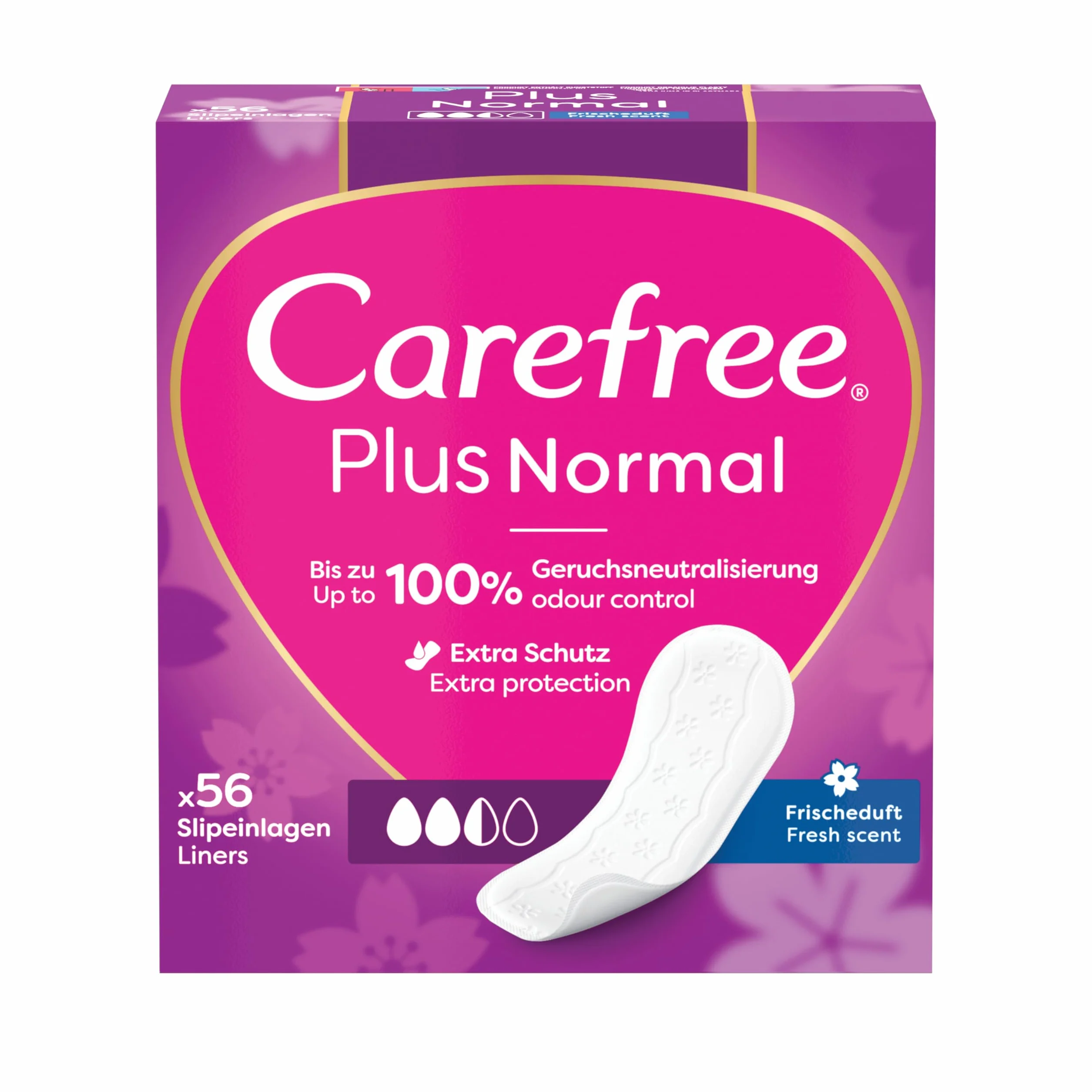 Carefree Plus Original Fresh 56 szt. Wkładki higieniczne o świeży zapachu, Standardowym rozmiar, który zapewnia kontrolę nad nieprzyjemnych zapachem do 12 godzin, Bez barwników i chloru