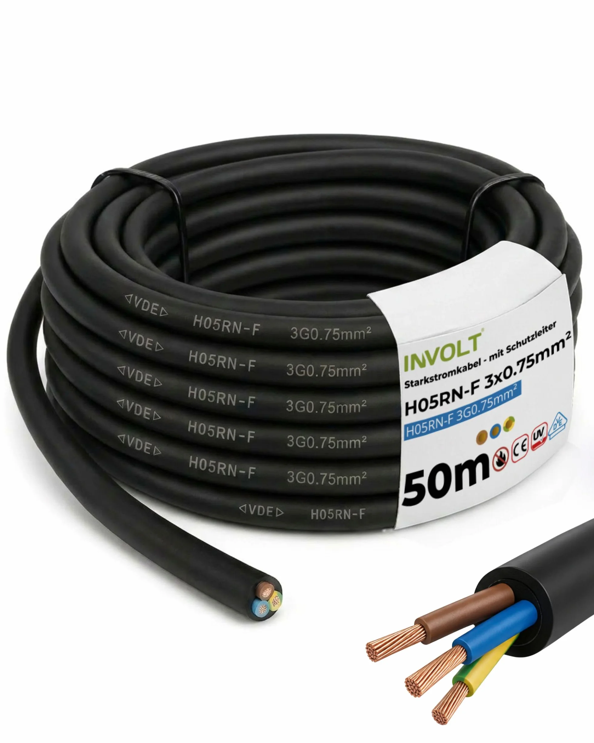 INVOLT 50 m przewód gumowy 3x0,75 H05RN-F kabel gumowy z przewodem ochronnym, kabel zasilający