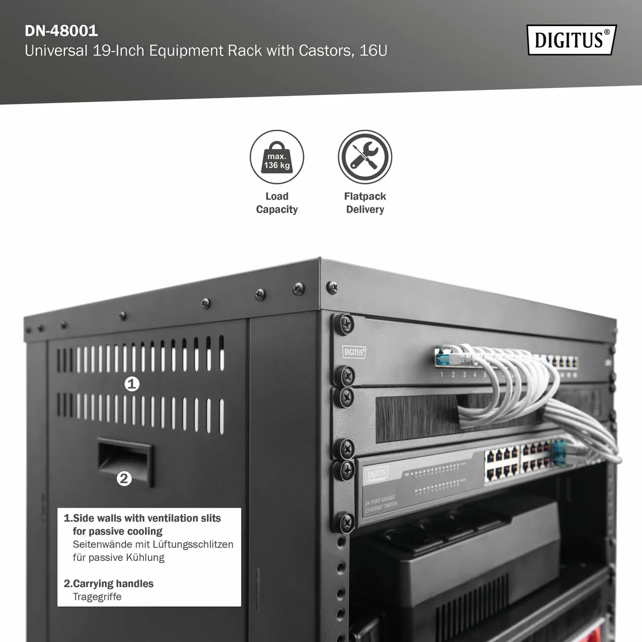 DIGITUS DN-48001 - Szafa rack audio - 19 cali - 16U - Uniwersalna szafa rack - Na akcesoria audio-video - Niezmontowana - Maks. obciążenie 136 kg - Z kółkami - Czarny