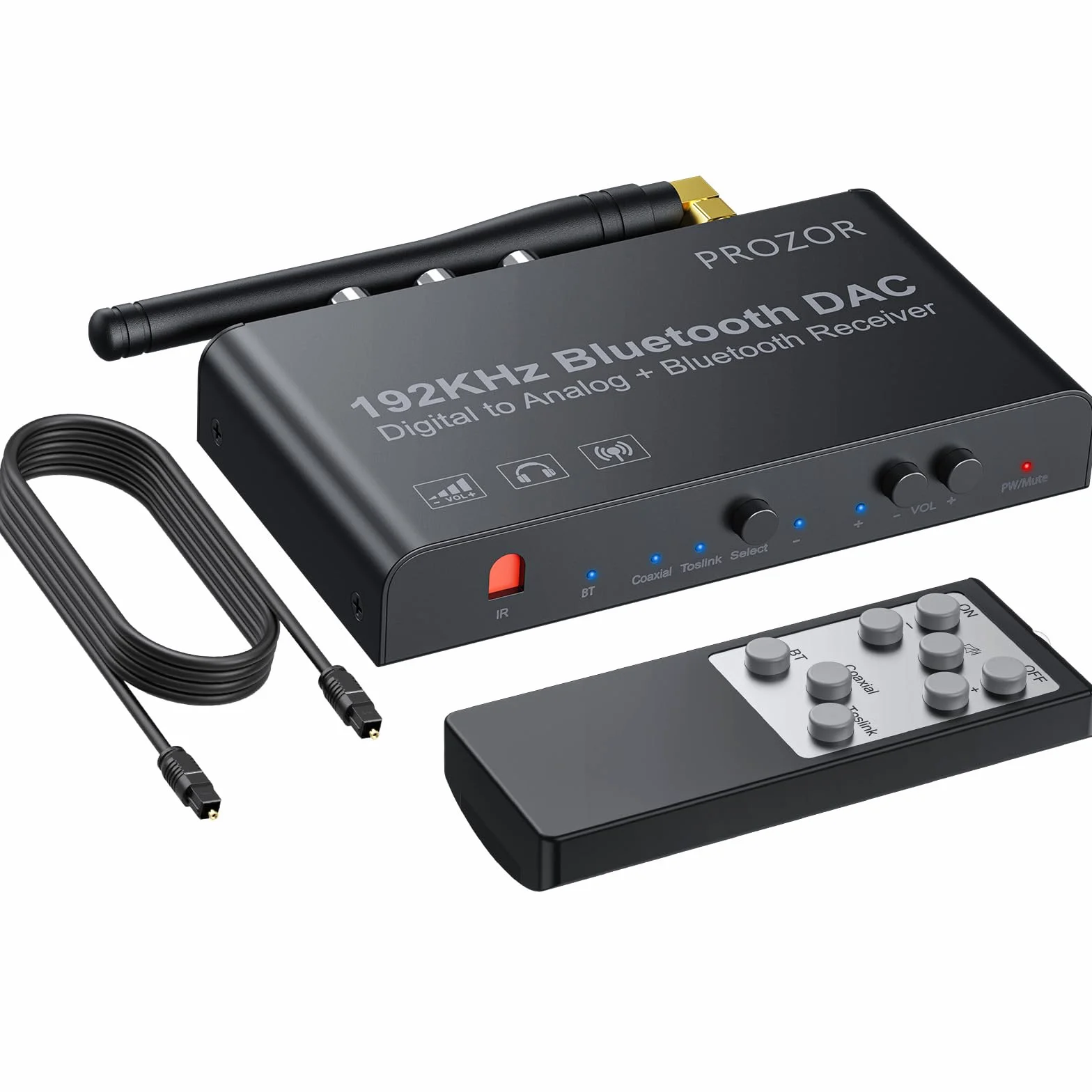 PROZOR Konwerter DAC 192 kHz Bluetooth V5.0 Toslink SPDIF optyczne RCA 3,5 mm wyjście cyfrowe na analogowy audio