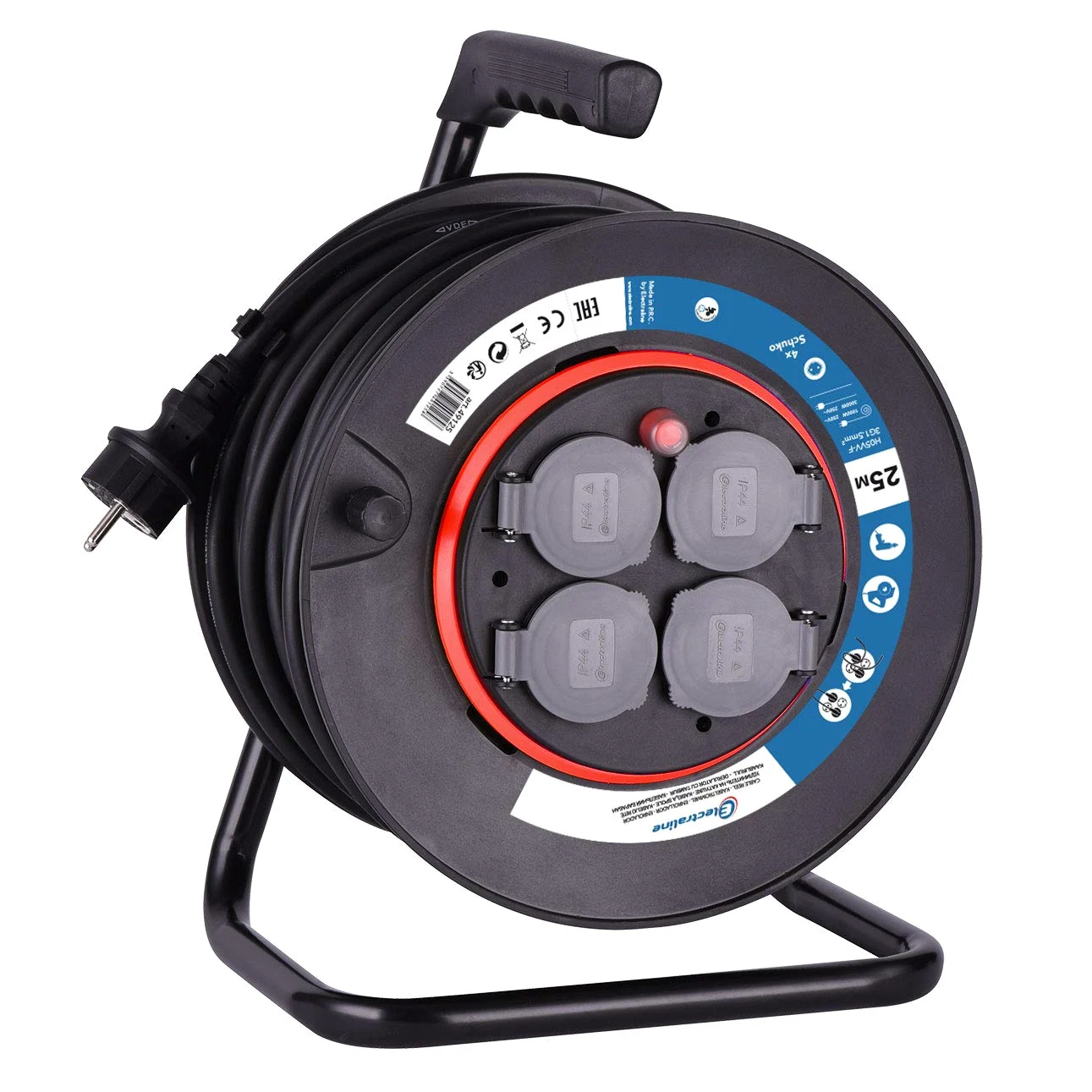 Electraline 49125 Bęben kablowy H05VV-F 3G1,5 25 m, rolka kablowa z 4 gniazdami Schuko, z kablem przedłużającym, z korbą, czarny, czarny