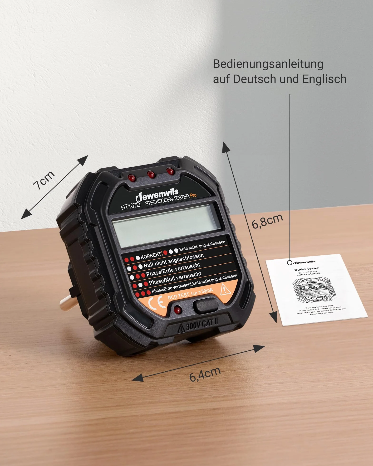 DEWENWILS Tester gniazd z kontrolą RCD i wyświetlaczem napięcia LCD, 6 rodzajów diagnostyki błędów, wskaźnik napięcia i prądu, test FI, 48-250 V/45-65 Hz, CAT ll 300 V
