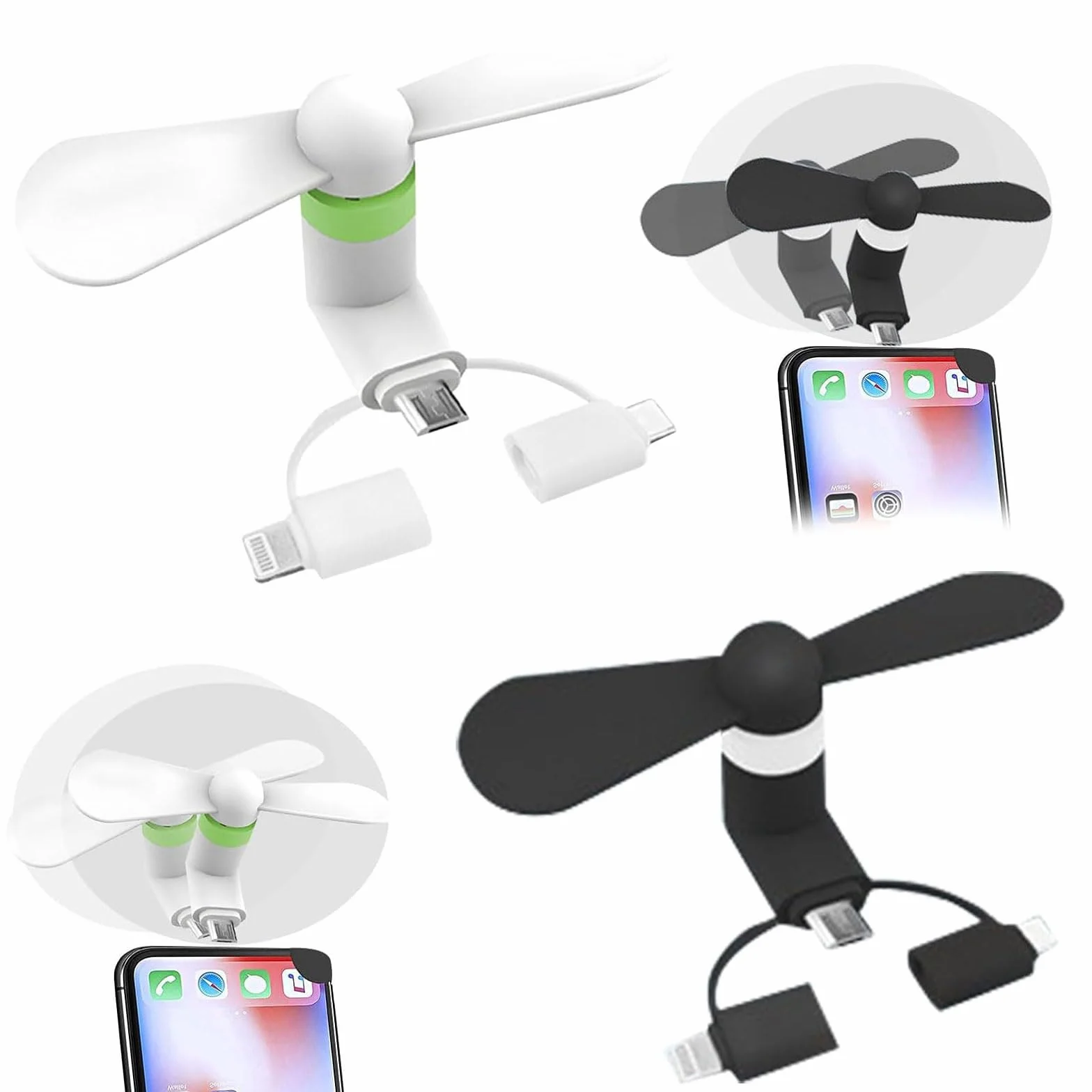 KARELLS Przenośny wentylator do telefonu komórkowego, 2 sztuki, przenośny, obrotowy, USB, mały, cichy, 2 w 1, do telefonów z systemem Android/typu C