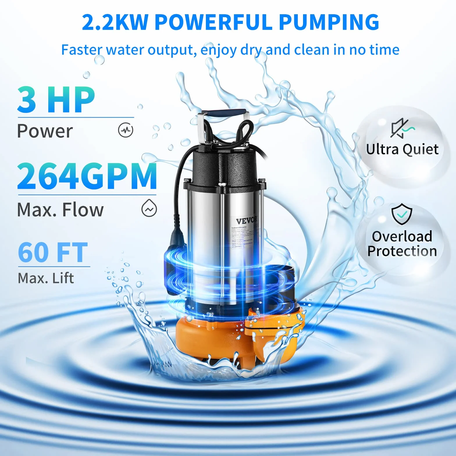 VEVOR 2200 W 3HP, zatapialna pompa do ścieków, maksymalny przepływ 1000 l/min, pompa brudnej wody maksymalne podnoszenie 18 m do basenów, piwnic, stawów