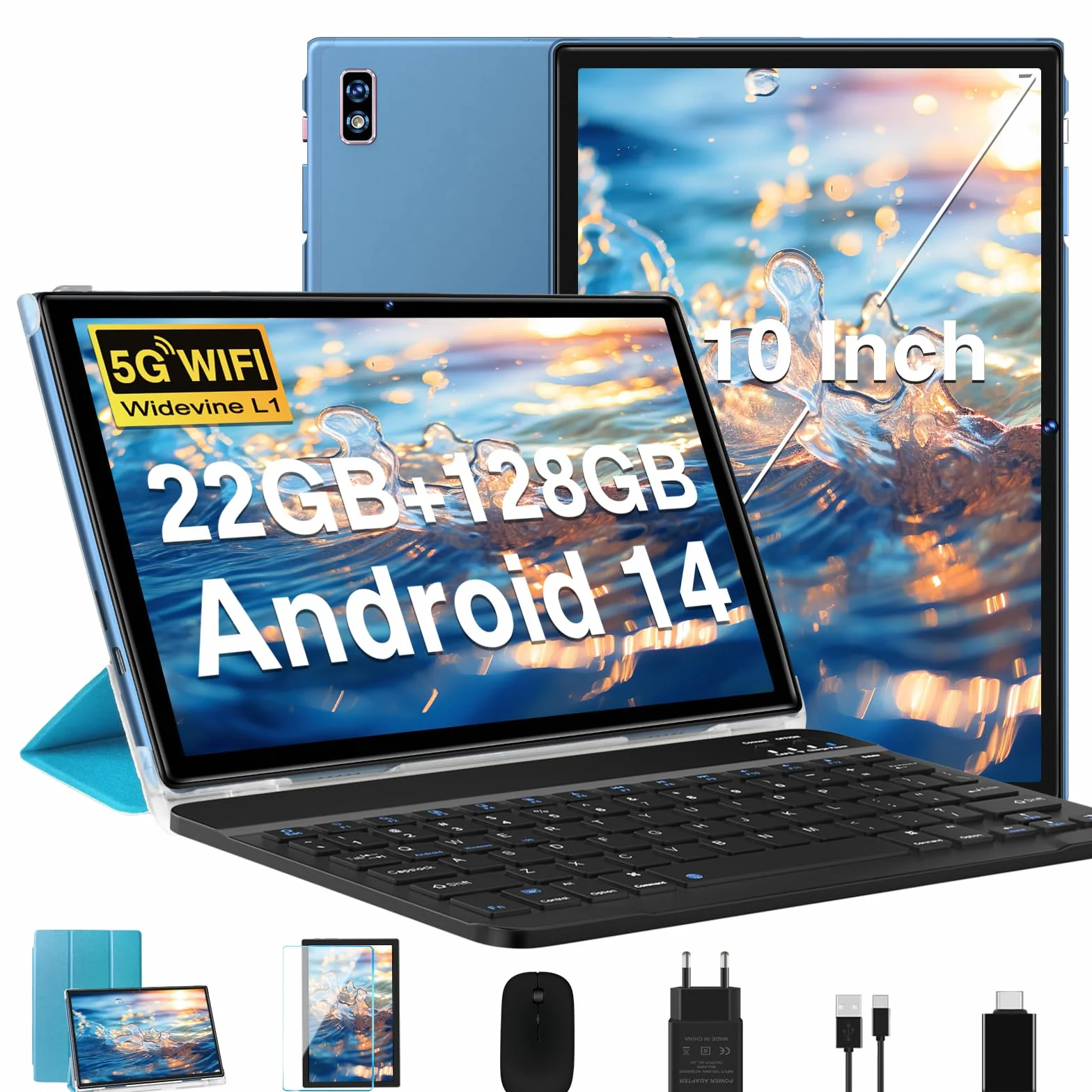 Tablet 10 cali Android 14 22GB RAM 128GB ROM 5G WiFi Widevine L1 8 rdzeni 2,0 GHz GPS 8000 mAh Niebieski