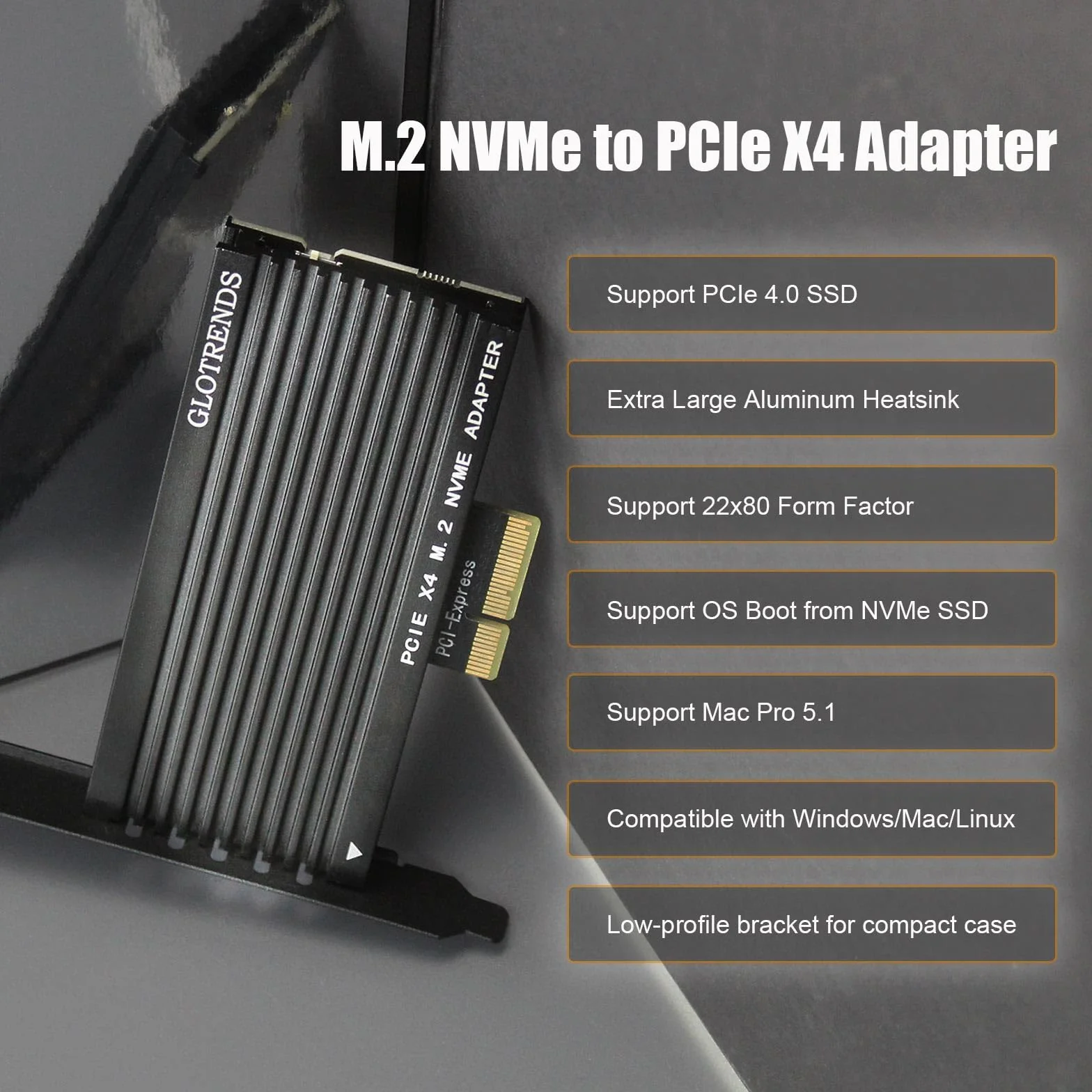 GLOTRENDS PA15 Adapter M.2 NVMe do PCIe 4.0 X4 dla dysków SSD M.2 NVMe, bardzo duży aluminiowy radiator, zwykły i niskoprofilowy wspornik (czarny)