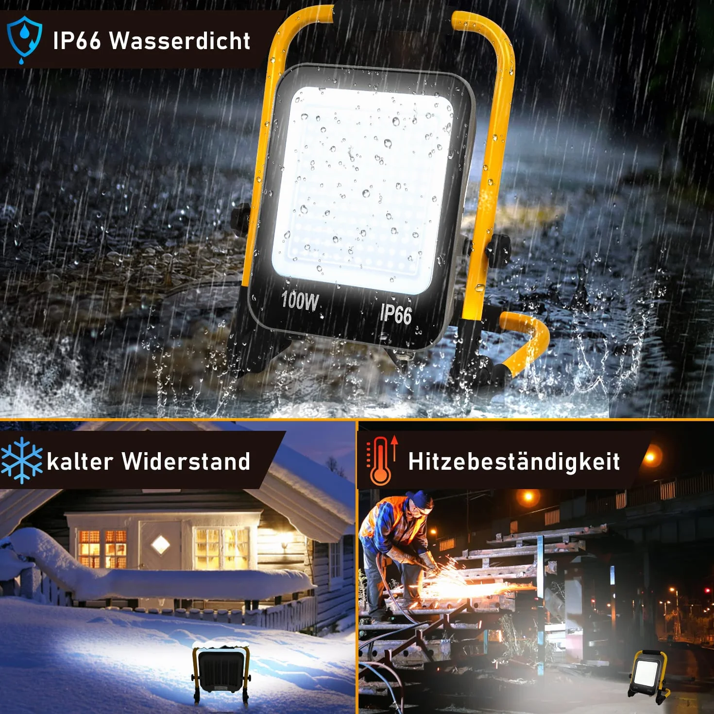 Ikodm Reflektor budowlany LED, 2 x 100 W, przenośny reflektor, 10000 lm, 6000 K, zimna biel, reflektor budowlany, lampa robocza IP66, kabel M i składany stojak do warsztatu (z wtyczką)