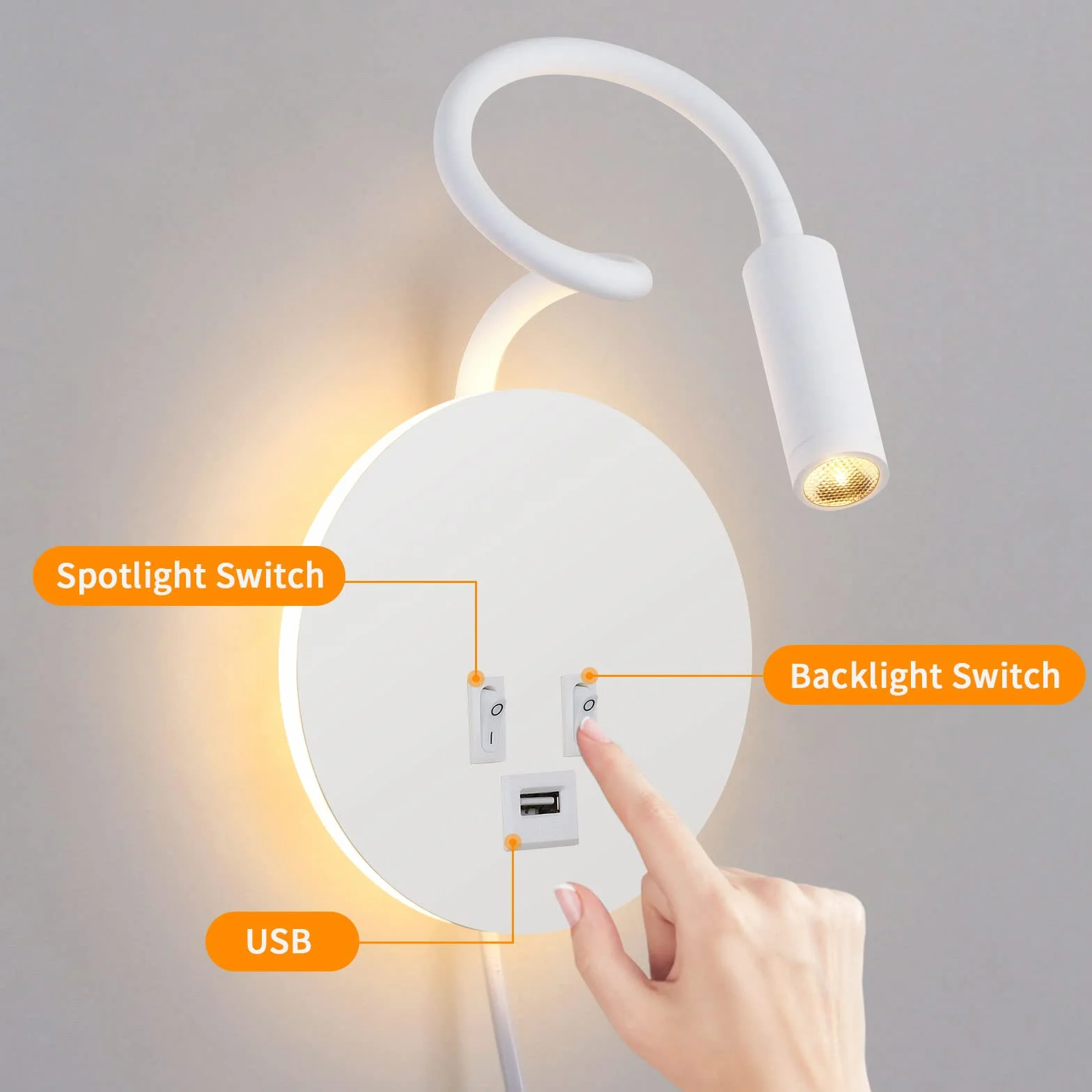 ERWEY Lampka do czytania na łóżku, lampa do czytania, montaż ścienny, 3 W + 8 W, lampka do łóżka z przełącznikiem i ładowaniem USB, lampa ścienna LED do czytania, obracana o 360°, z wtyczką i kablem