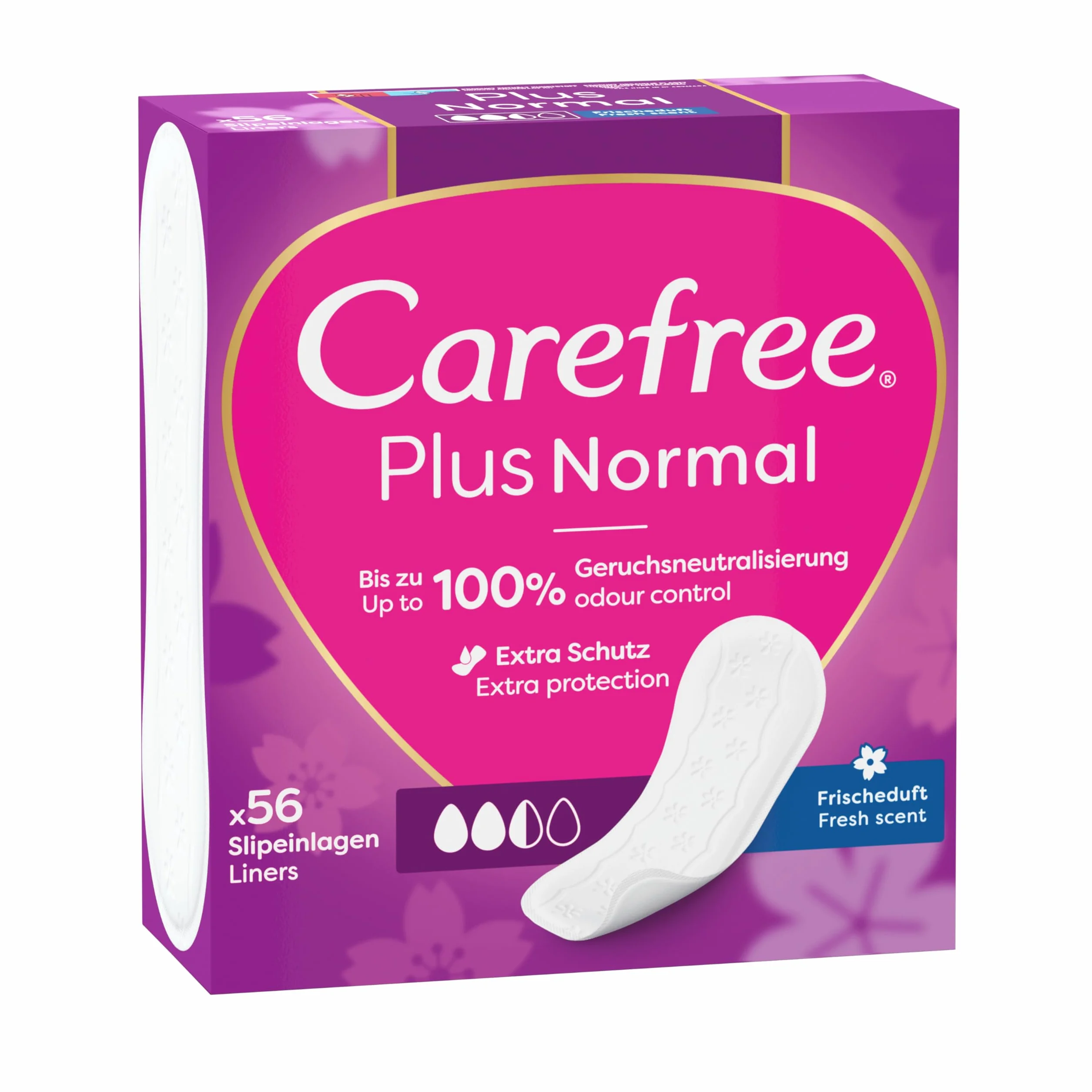 Carefree Plus Original Fresh 56 szt. Wkładki higieniczne o świeży zapachu, Standardowym rozmiar, który zapewnia kontrolę nad nieprzyjemnych zapachem do 12 godzin, Bez barwników i chloru