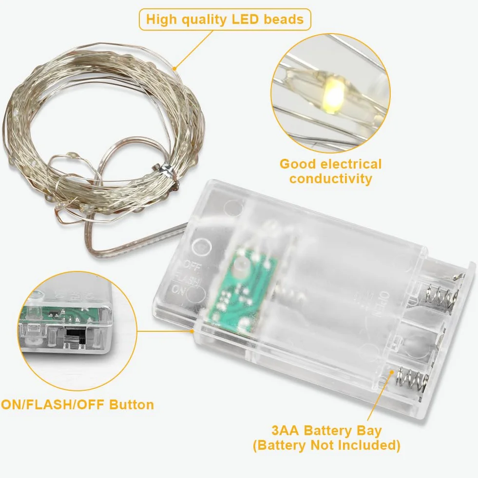 HOTUT Miedziany Łańcuch Świetlny na Baterie 2m 20 LED Ciepła Biała - 2 szt. do Sypialni