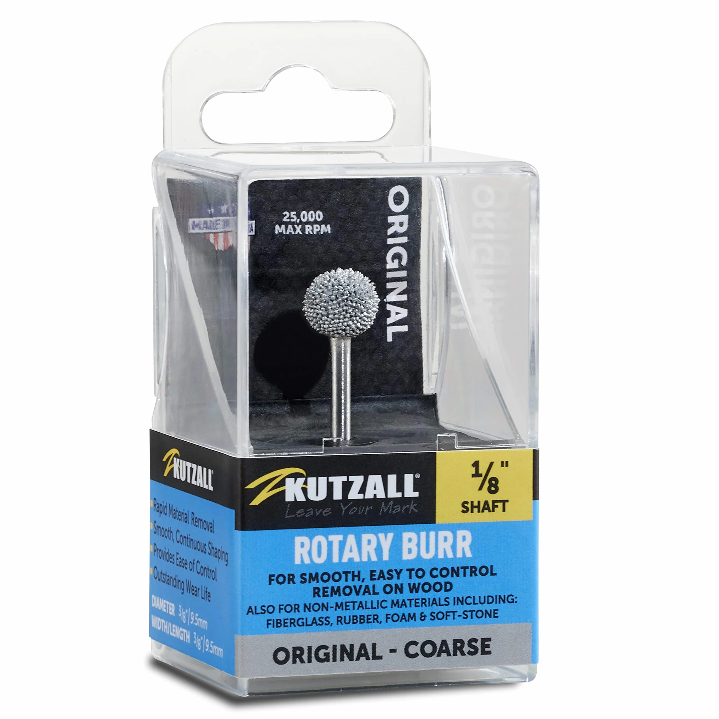 Kutzall Original Sphere Rotary Burr 1⁄8" Shaft, Coarse - Woodworking Attachment for Dremel, Foredom, DeWalt, Milwaukee Tools. Abrasive Tungsten Carbide Coating, 3⁄8" (9.5mm) Head Diameter, S-38-E