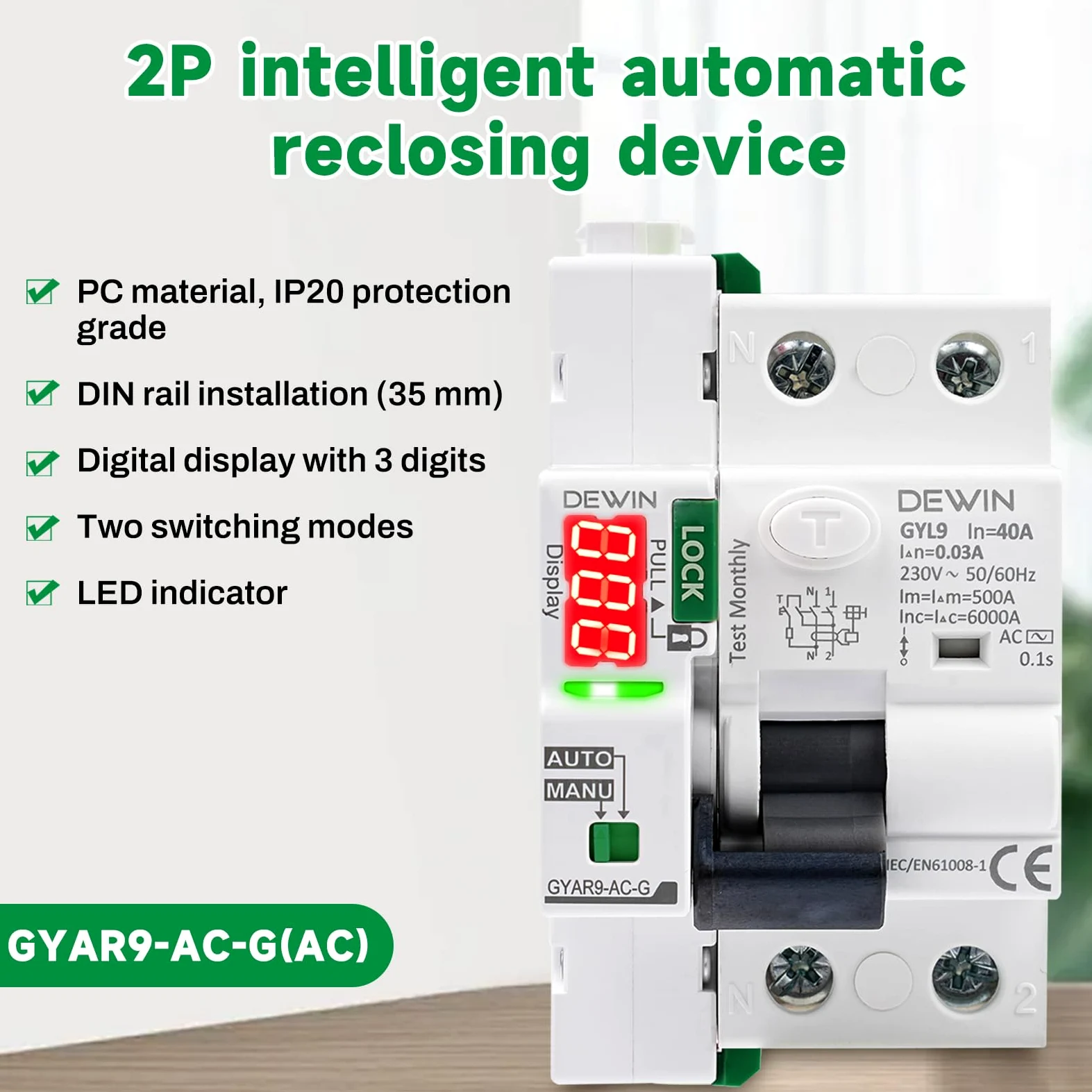 40 A FI wyłącznik automatyczny, RCCB typ AC, inteligentny bezpiecznik z wyświetlaczem cyfrowym 230 V, 2P, automatyczne włączanie w trybie automatycznym.