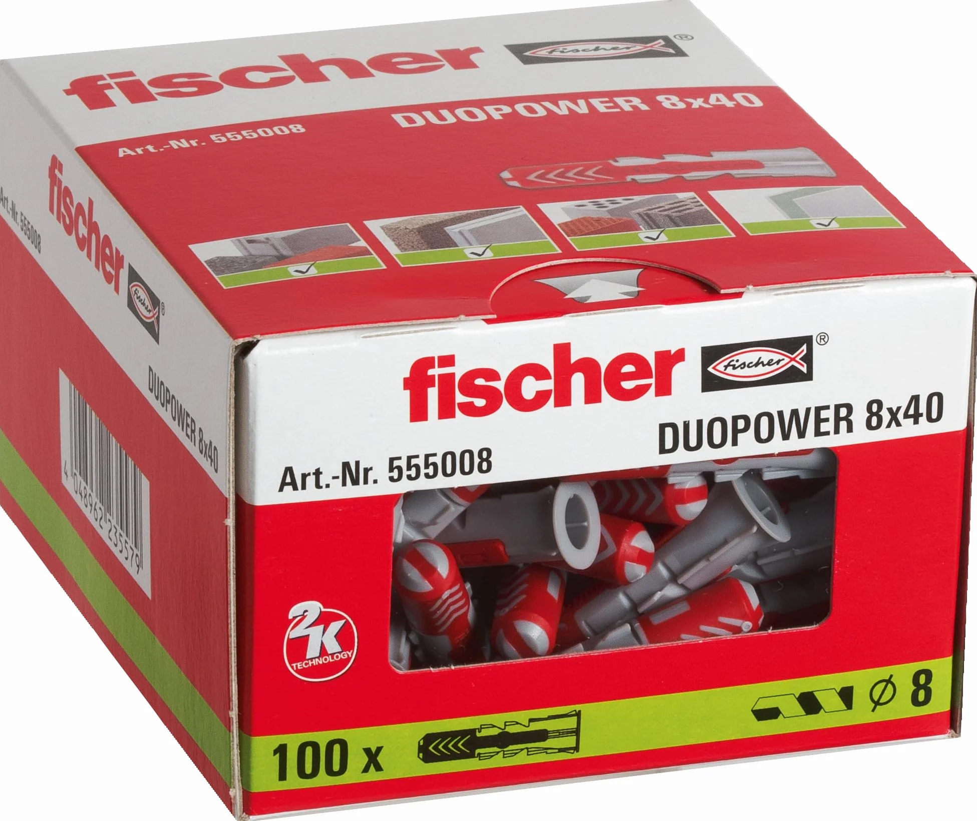 Fischer Duopower Kołki Rozporowe, Czerwony/Szary, 8 mm x 40 mm (100 Sztuk)