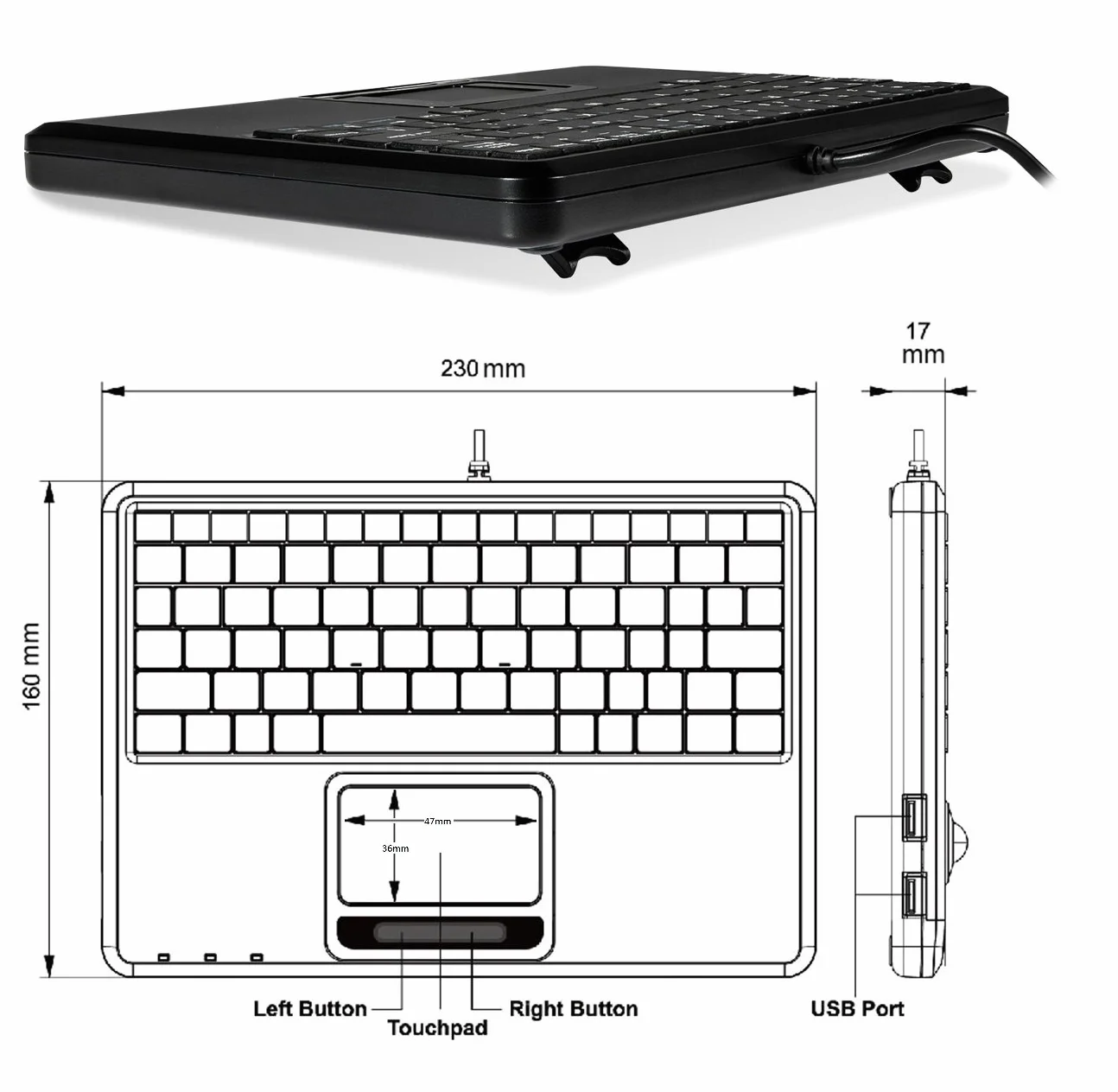 Perixx PERIBOARD-510HPLUS, Super Mini klawiatura przewodowa z touchpadem i koncentratorem USB - układ US English - czarna