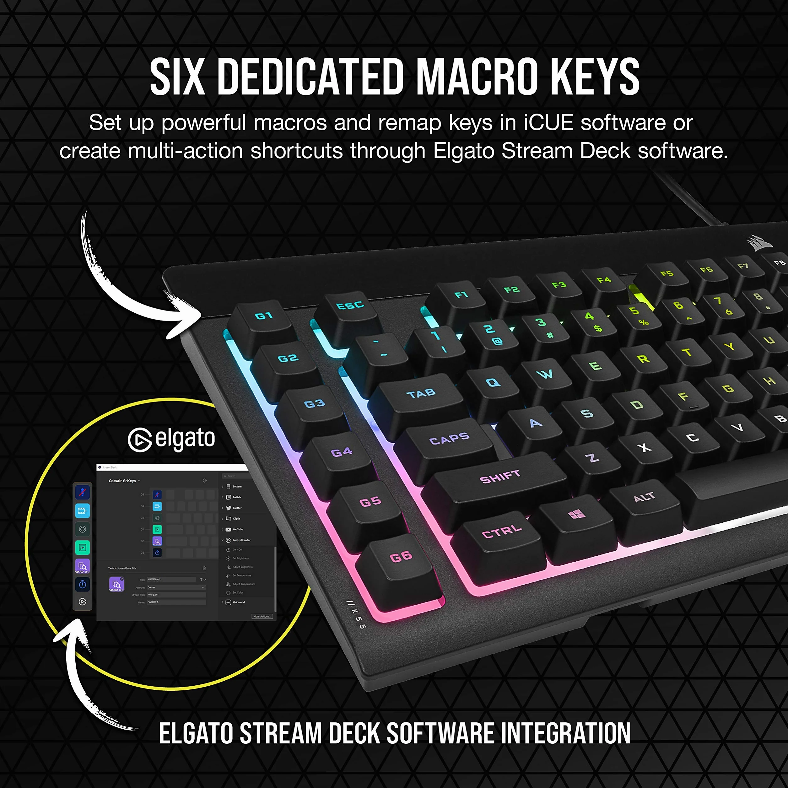 CORSAIR K55 RGB PRO XT przewodowa klawiatura do gier, IP42, odporna na kurz i zalanie, 6 klawiszy makro z integracją Elgato, kompatybilna z iCUE, QWERTY UK, PC, Mac, Xbox, czarna