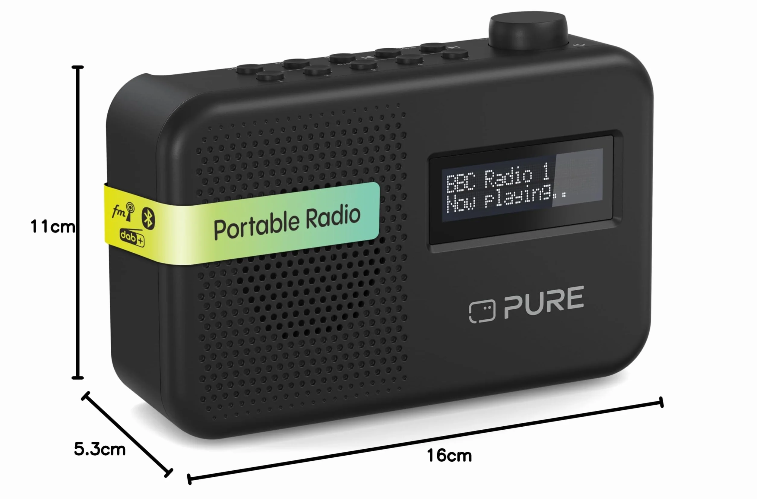 Pure Elan One2 przenośne radio DAB+/FM z Bluetooth 5.1 (wyświetlacz LCD, 10 przycisków pamięci, zasilanie bateryjne z 4 x AA), kolor czarny