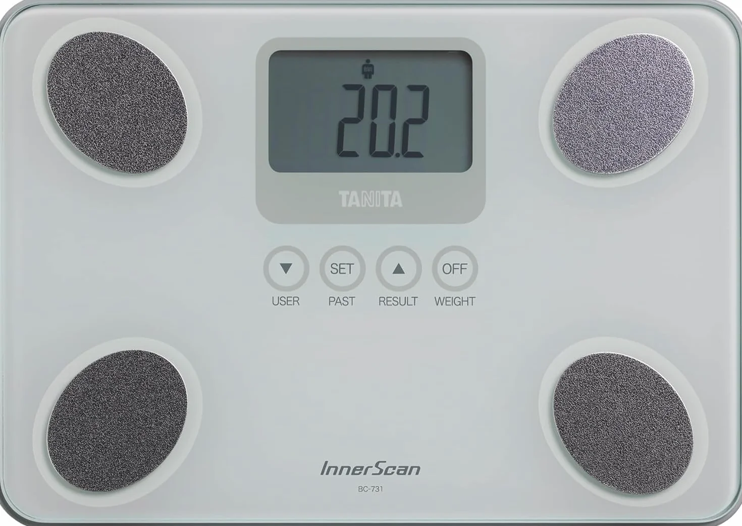 TANITA BC-731 Monitor składu ciała Innerscan kompaktowy szklany wyświetlacz LCD, łatwy do odczytu, 10 pomiarów, biały