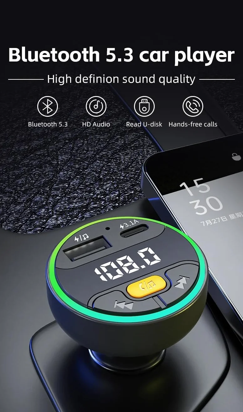 Samochodowy Transmiter FM Bluetooth 5.3 Handsfree Wireless Car Kit USB C