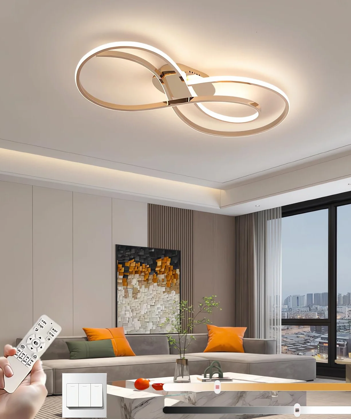 Lampa sufitowa LED 3000-6000K Ściemnialna lampa do salonu z pilotem Ściemnianie Lampa sufitowa do sypialni Nowoczesne oświetlenie sufitowe Żyrandol Oprawy oświetleniowe wewnętrzne (Złoto, L80cm)