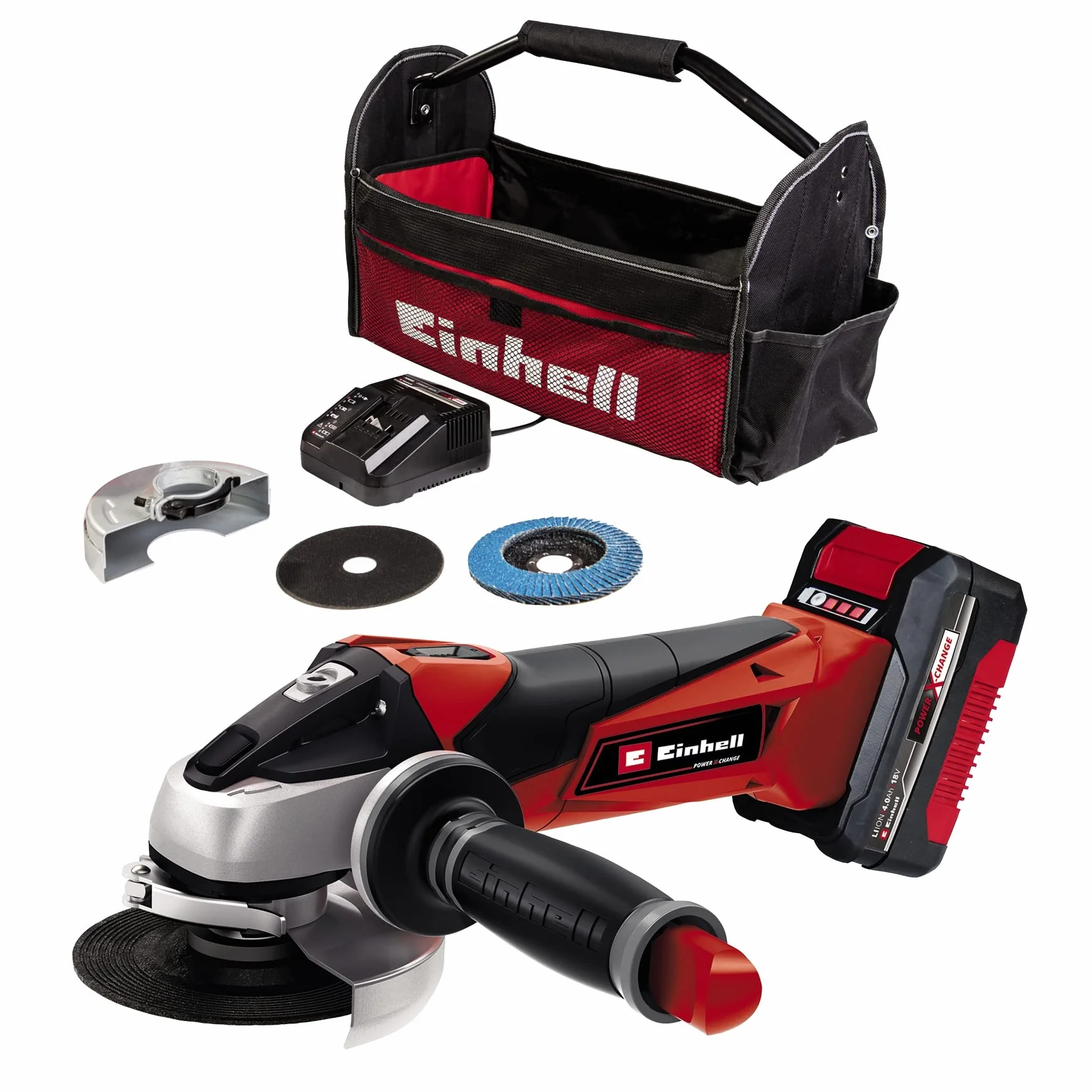 Einhell Akumulatorowa szlifierka kątowa TE-AG 18/115 Li Kit Power X-Change (18 V, 115 mm śr. tarczy, 28 mm gł. cięcia, z tarczy tnącej, 4,0 Ah akumulatorem i ładowarką)