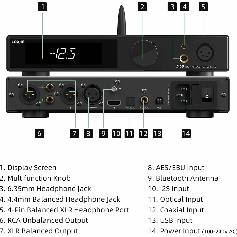 LOXJIE D60 HiFi wzmacniacz słuchawkowy dekoder 6,35 mm 4,4 mm 300Ω 700 mW x 2 Bluetooth 5.1 ES9039MSPRO czarny